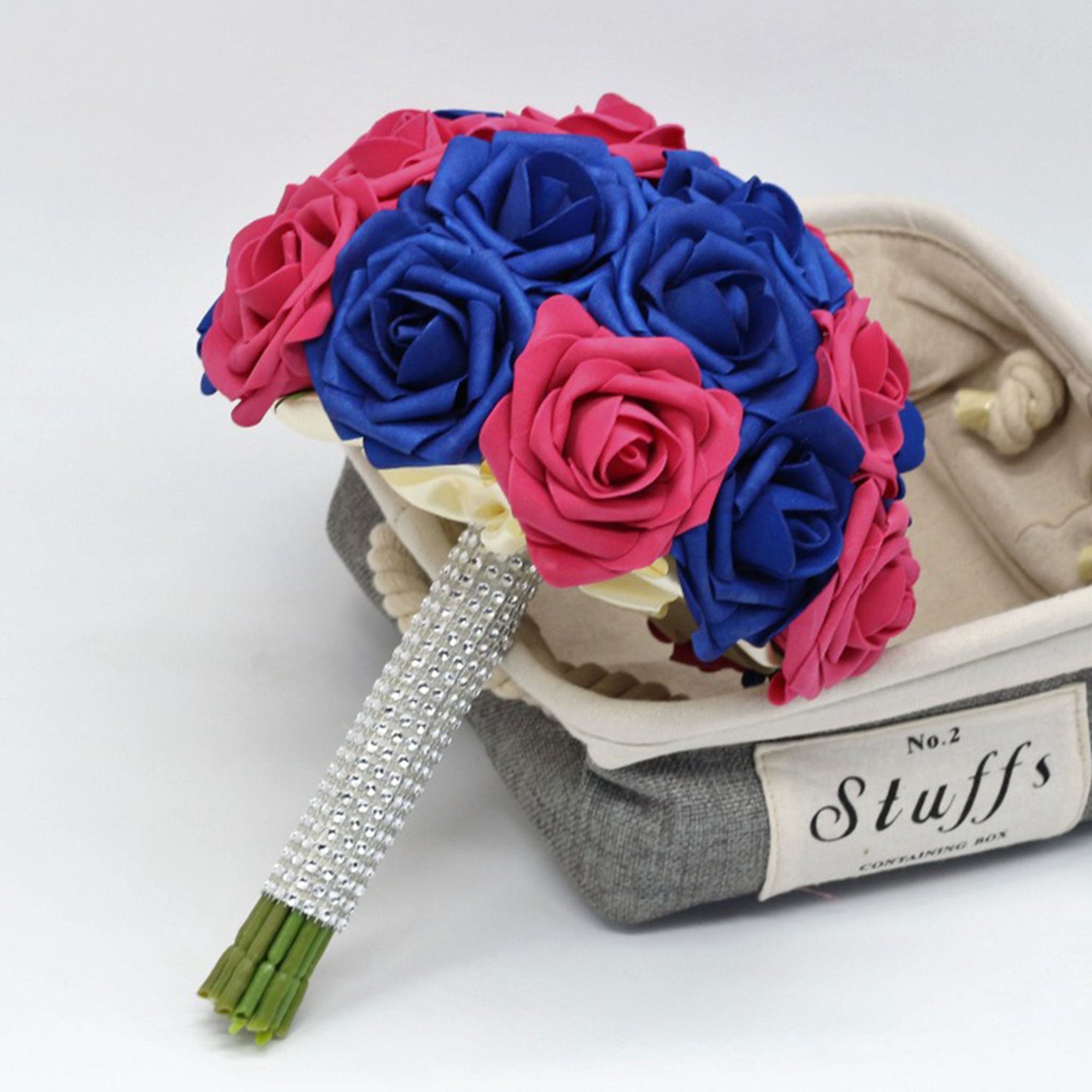 Hot Pink and Royal Blue Bouquet of Roses Wedding Flowers