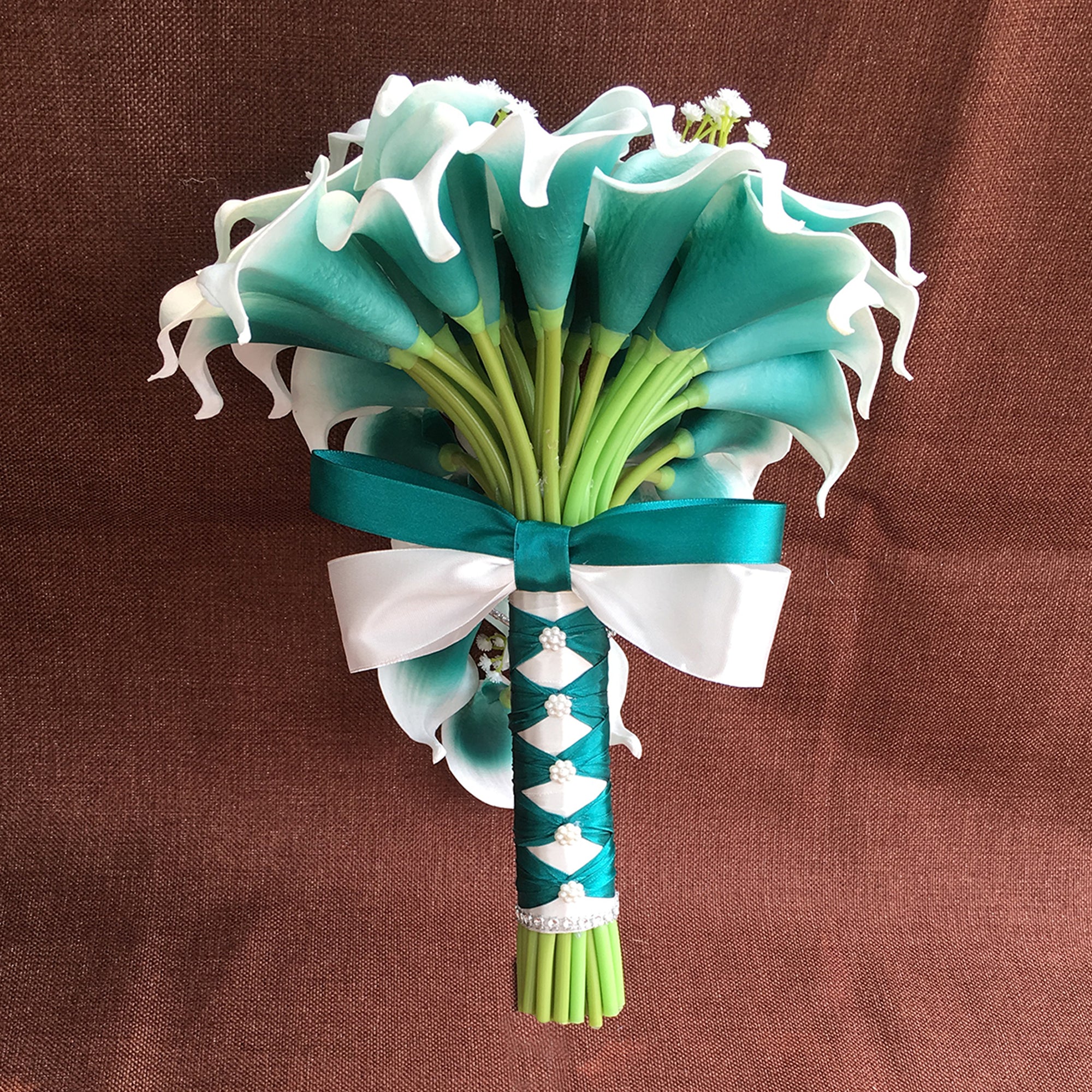 Fake Wedding Bouquet Cascade Picasso Teal Calla Lily