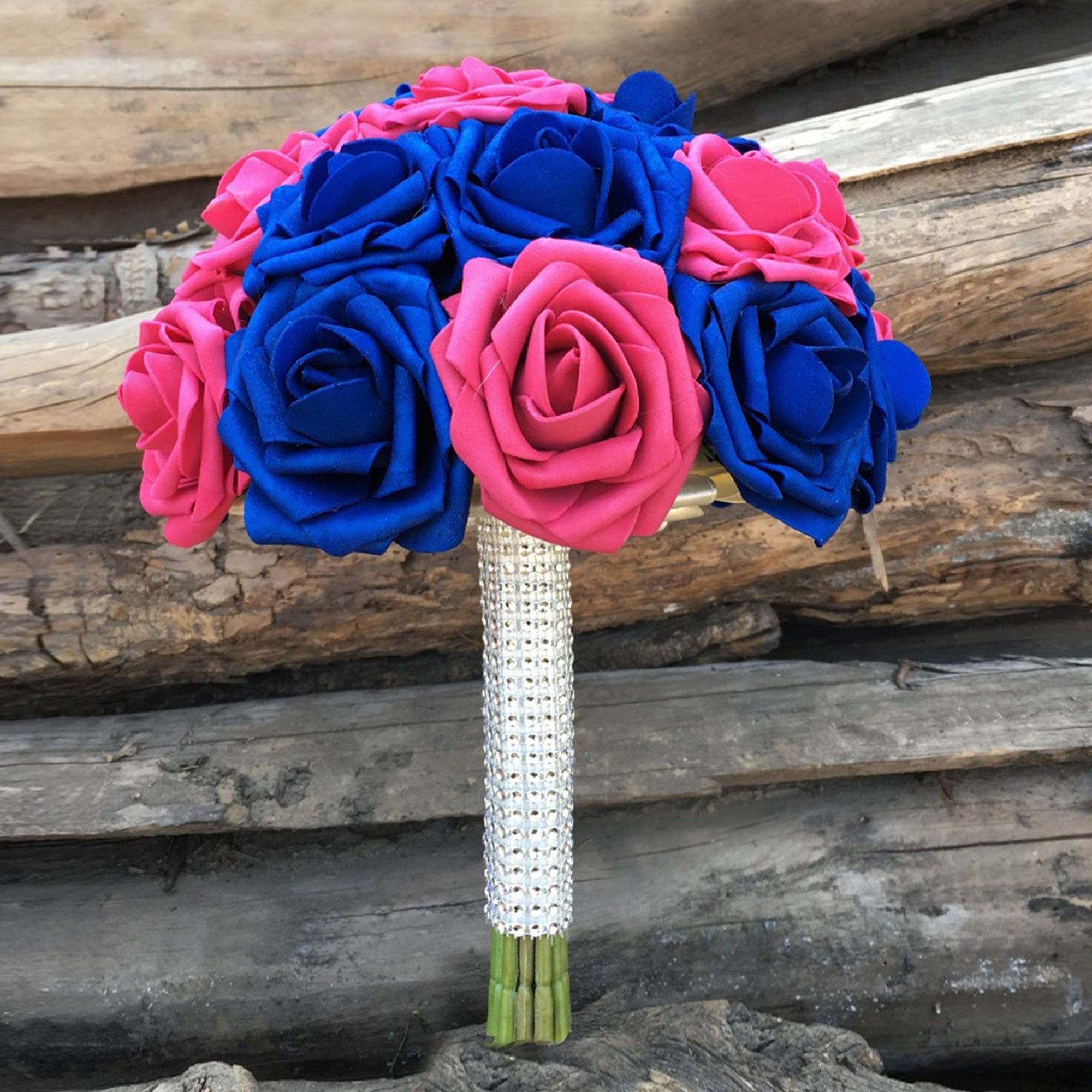 Hot Pink and Royal Blue Bouquet of Roses Wedding Flowers