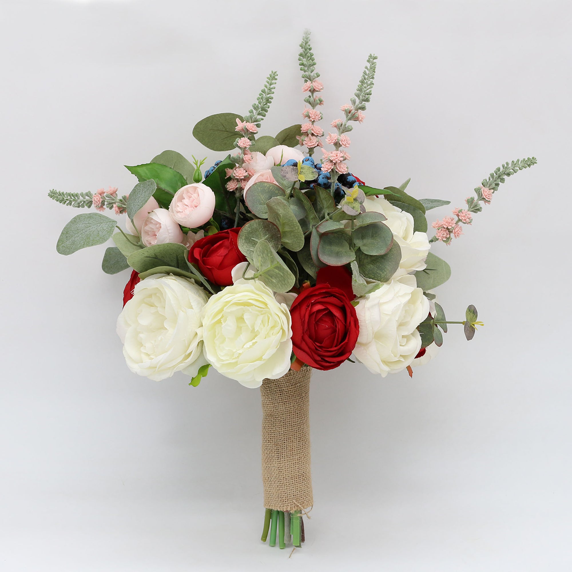 Rustic Wedding Bouquet Red White Roses Peony Artificial Bridal Bouquet