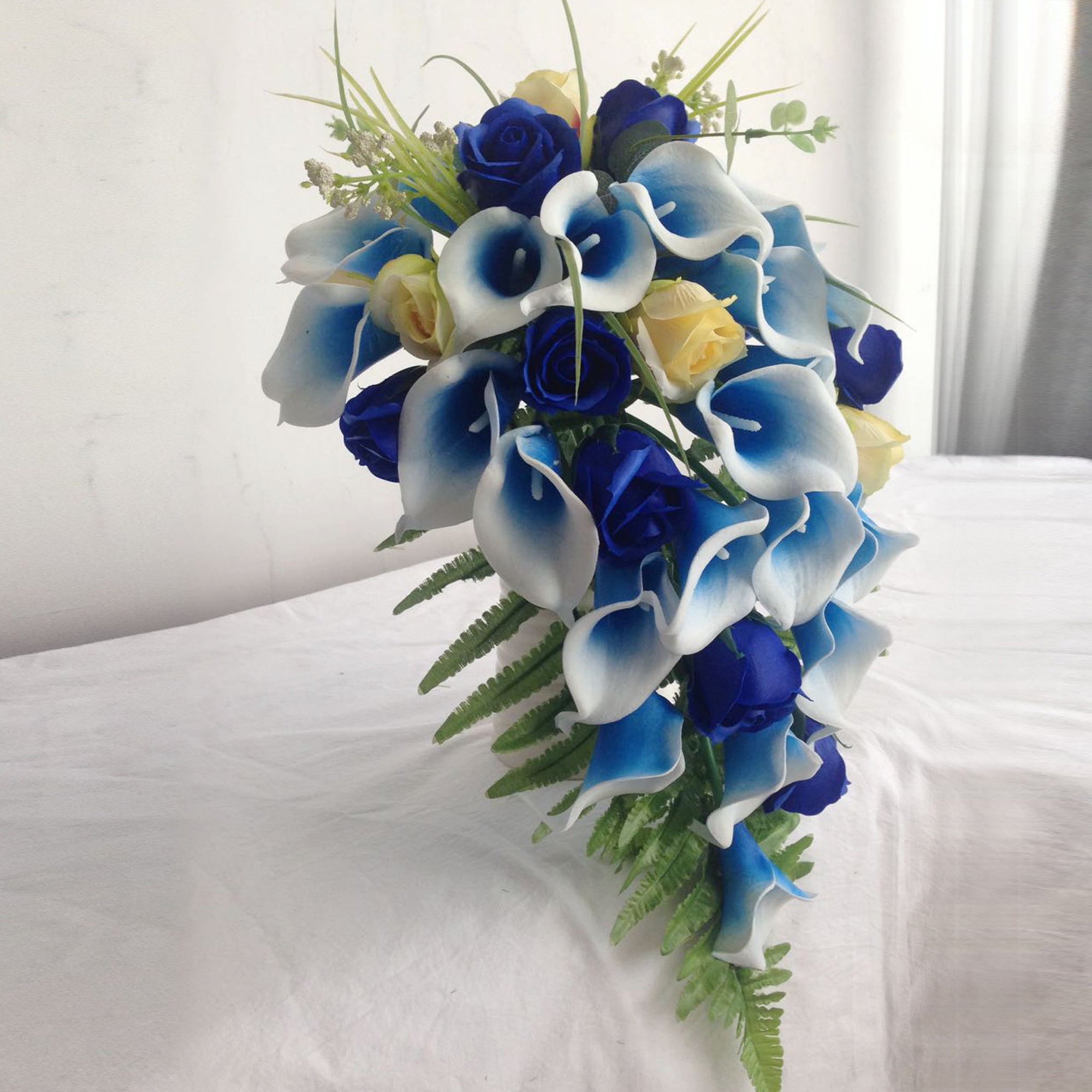 Royal Blue Calla Lily and Rose Cascade Wedding Bouquet
