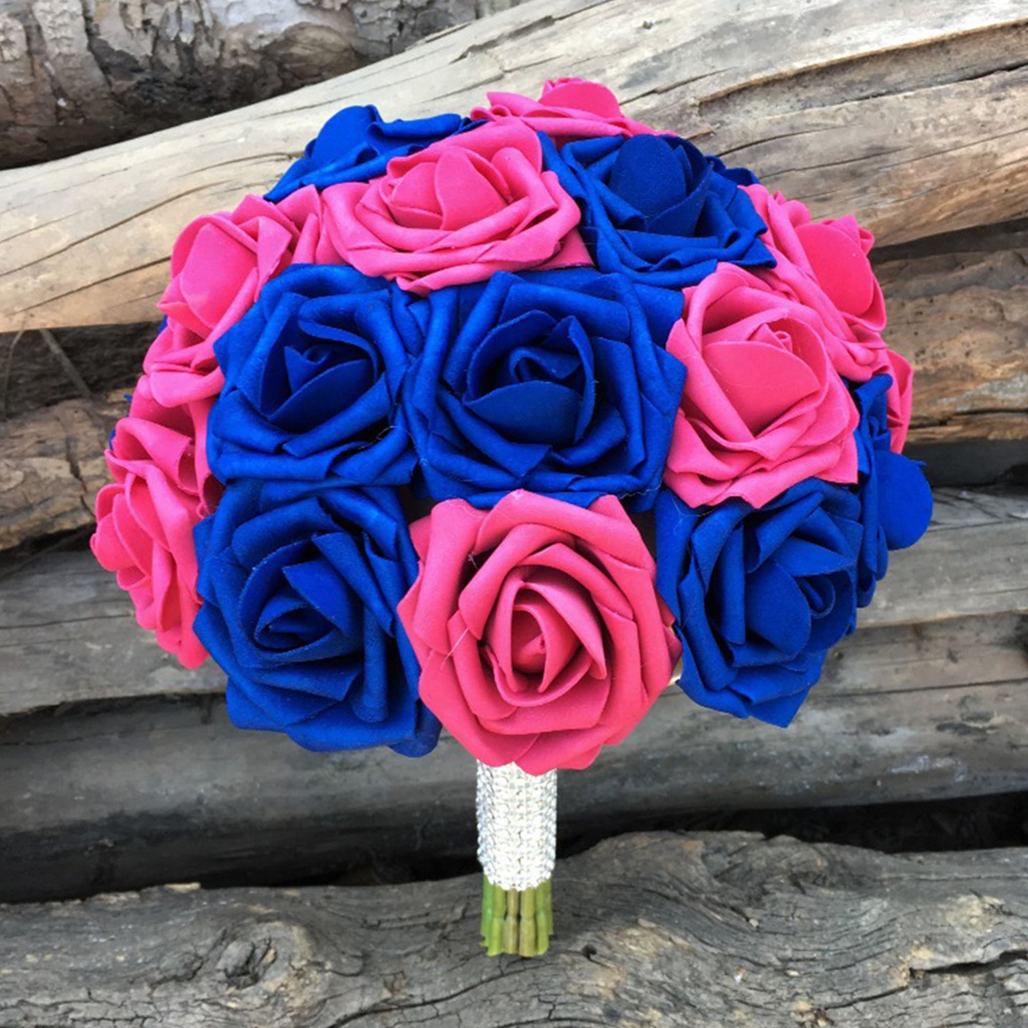 Hot Pink and Royal Blue Bouquet of Roses Wedding Flowers