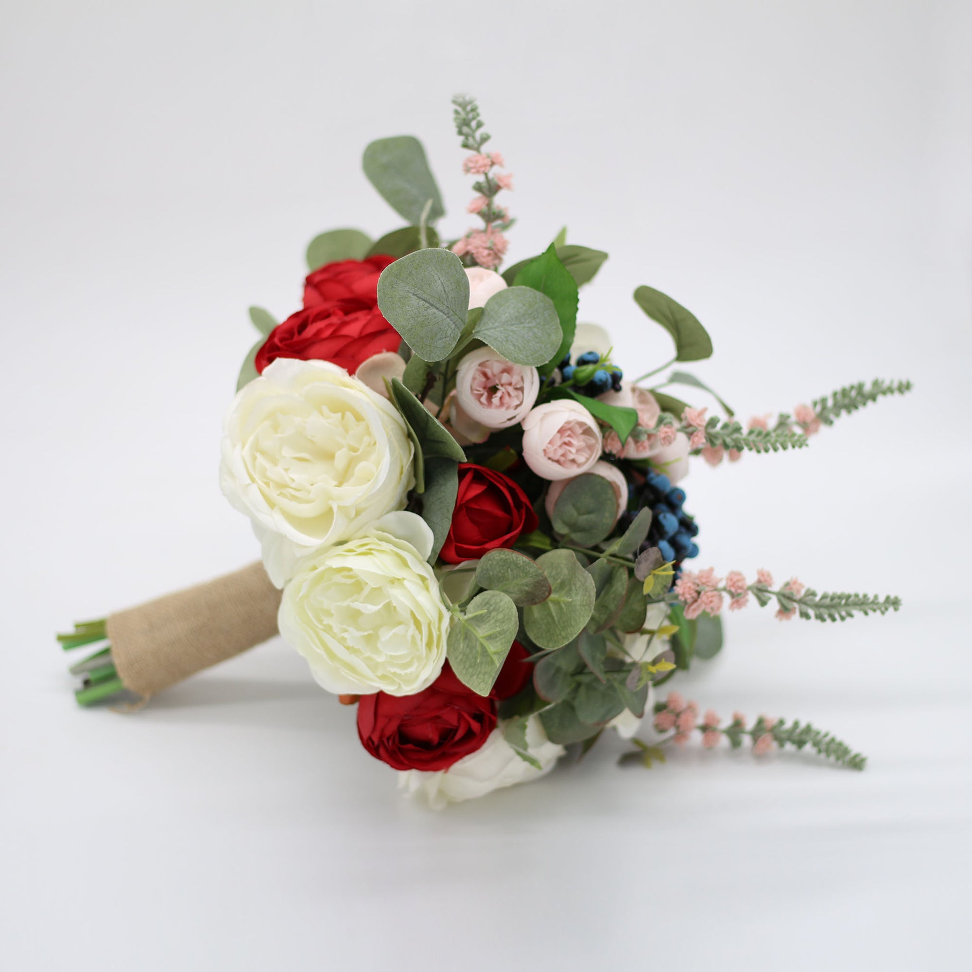 Rustic Wedding Bouquet Red White Roses Peony Artificial Bridal Bouquet