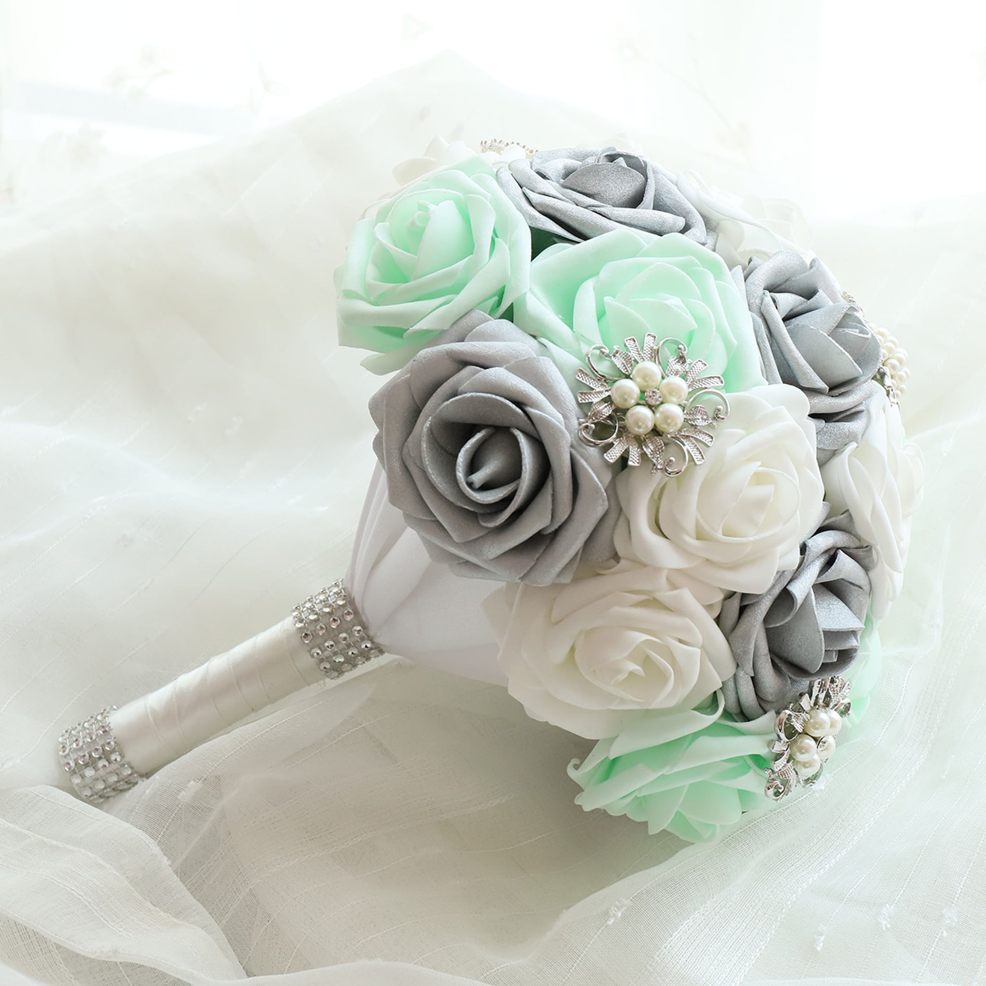 Bridal Bouquet Mint White Silver Roses
