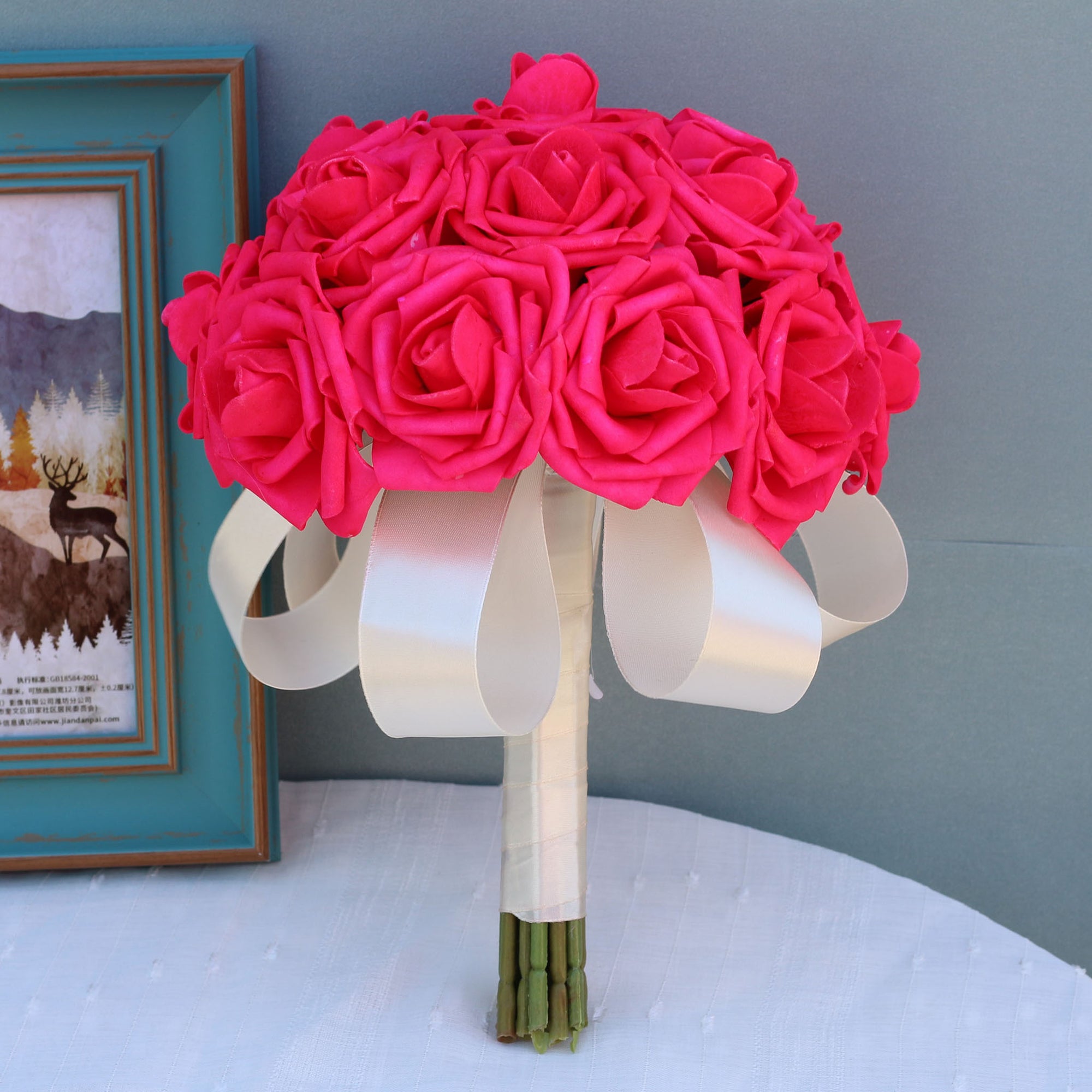 Artificial Bridal Hot Pink Bouquet Ivory Ribbon