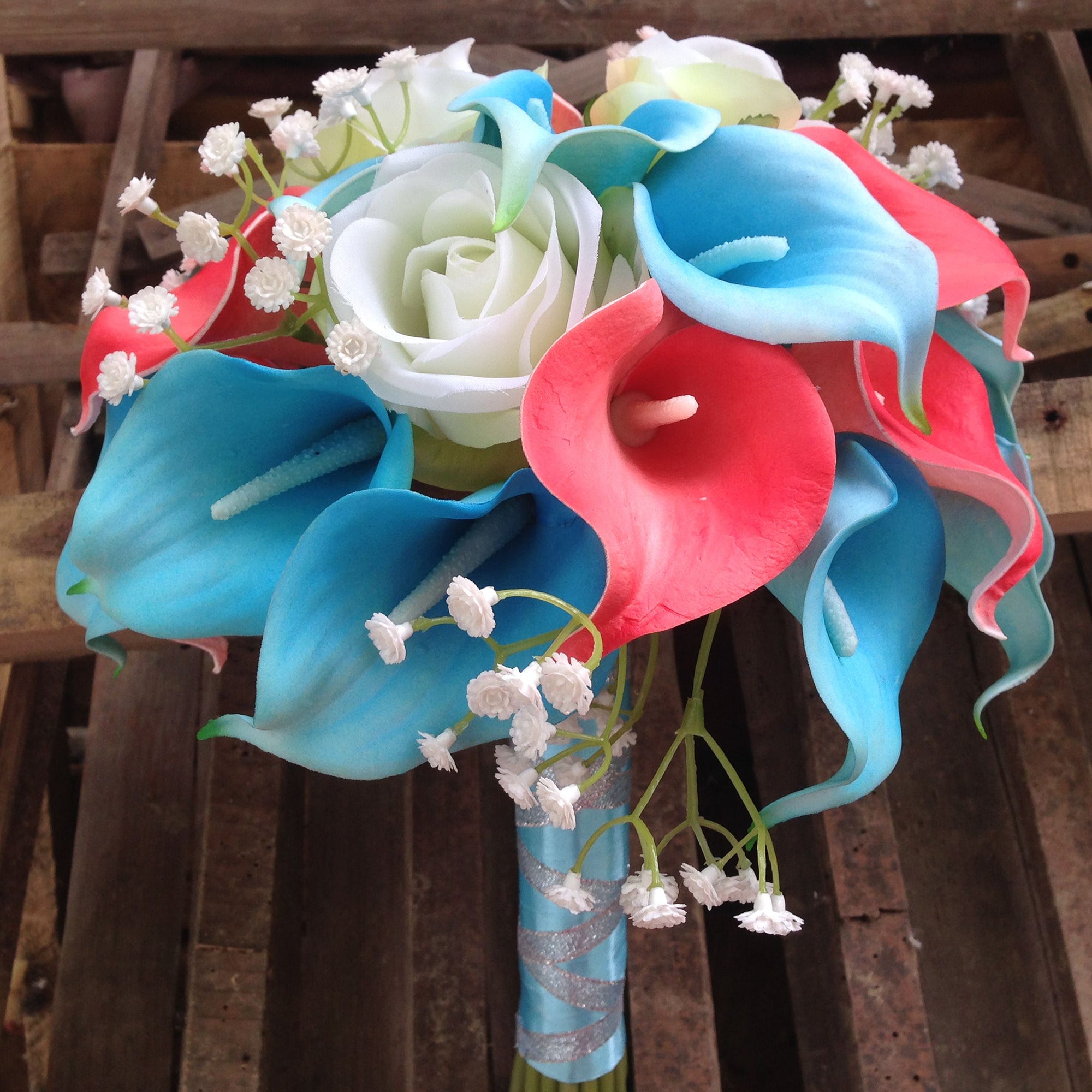 Turquoise and Coral Calla Lily Bouquet for Bridal Wedding Flowers