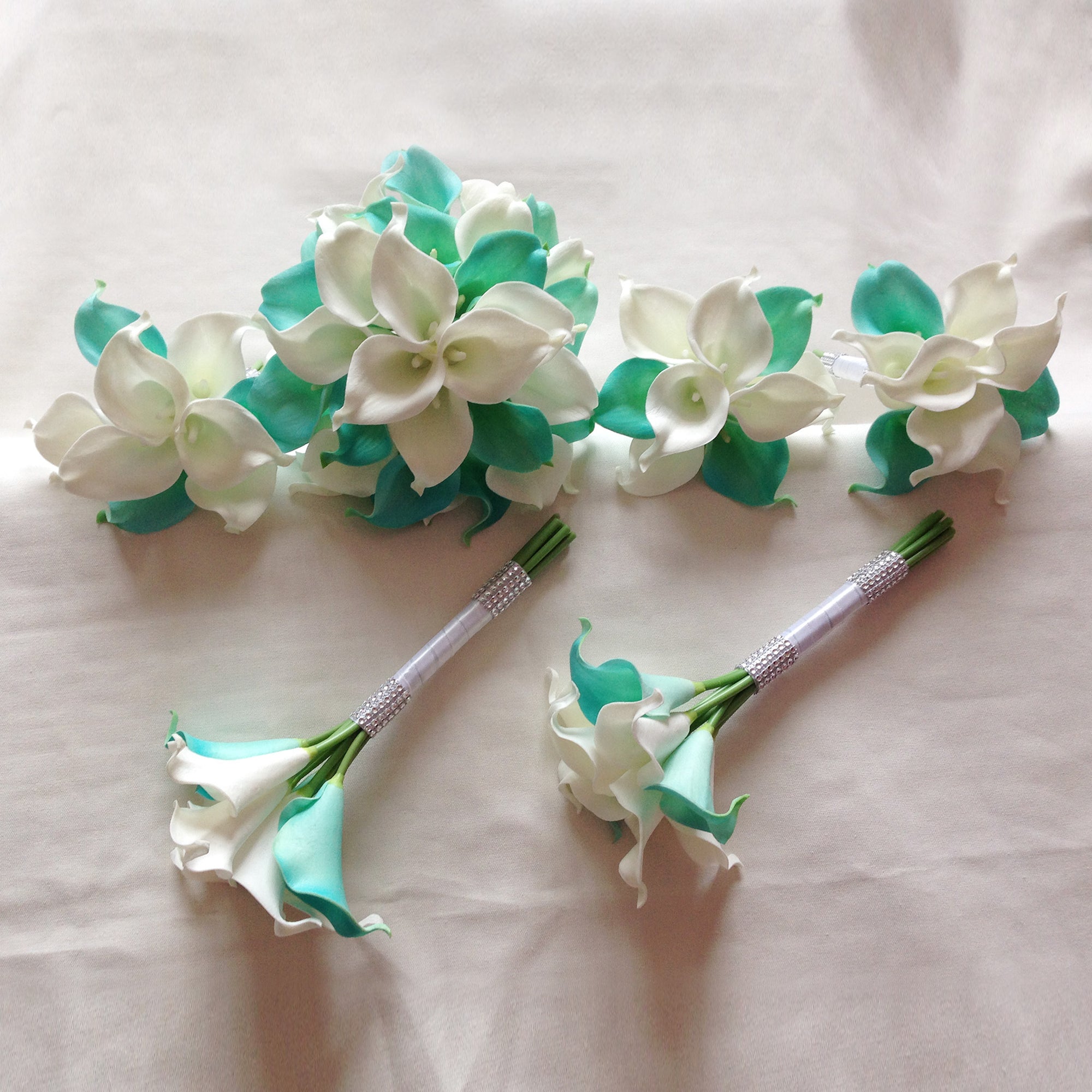 Wedding Bridal Bouquet Package Pool Blue and White Calla Lily Bouquet