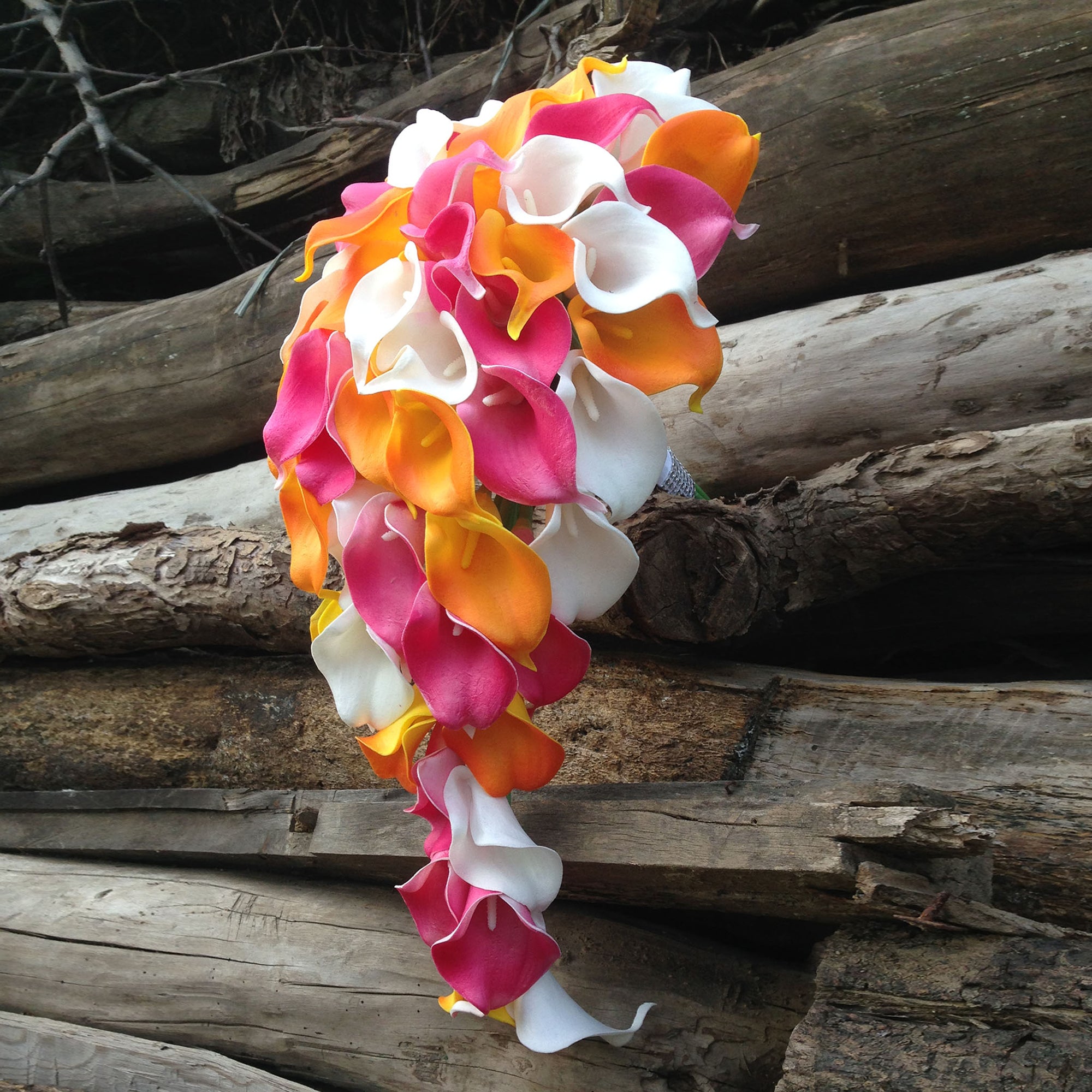Orange Fuchsia White Calla Lily Cascade Bouquet