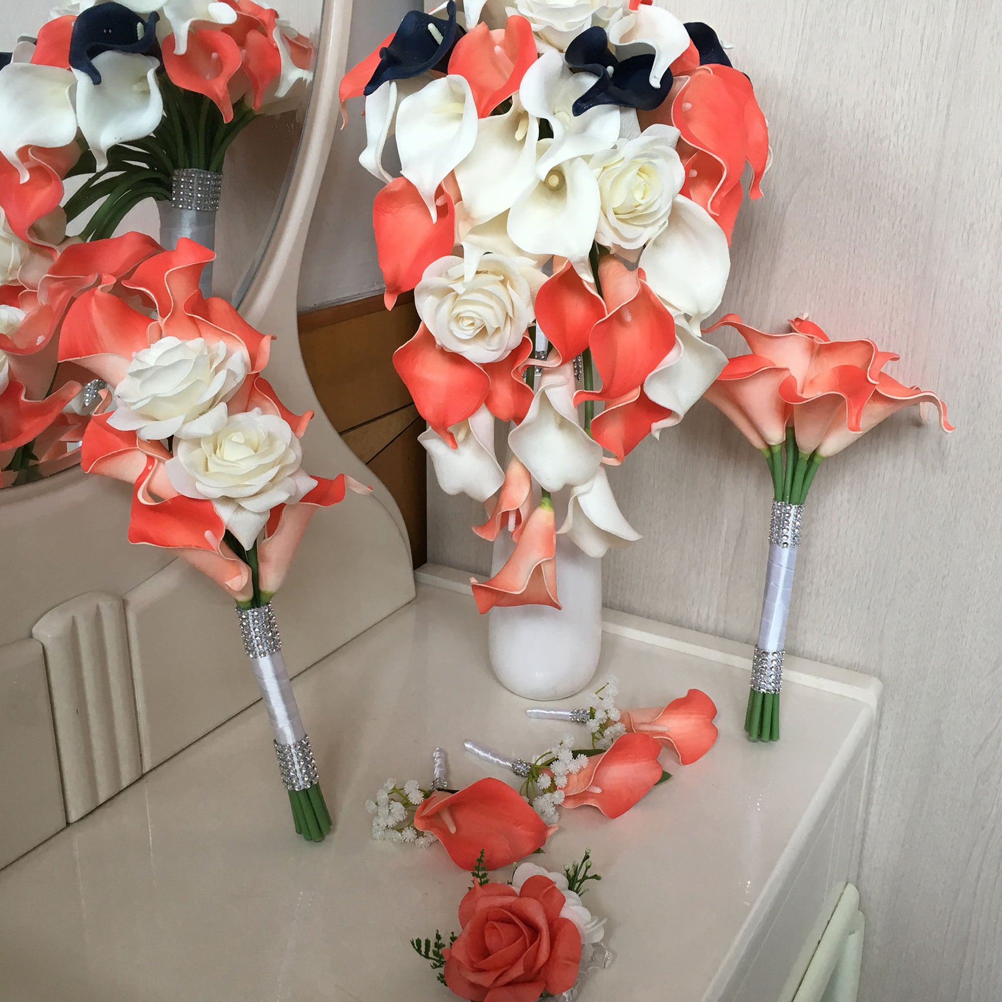 Coral and Navy Wedding Flowers Bridal Bridesmaids Bouquets Corsages