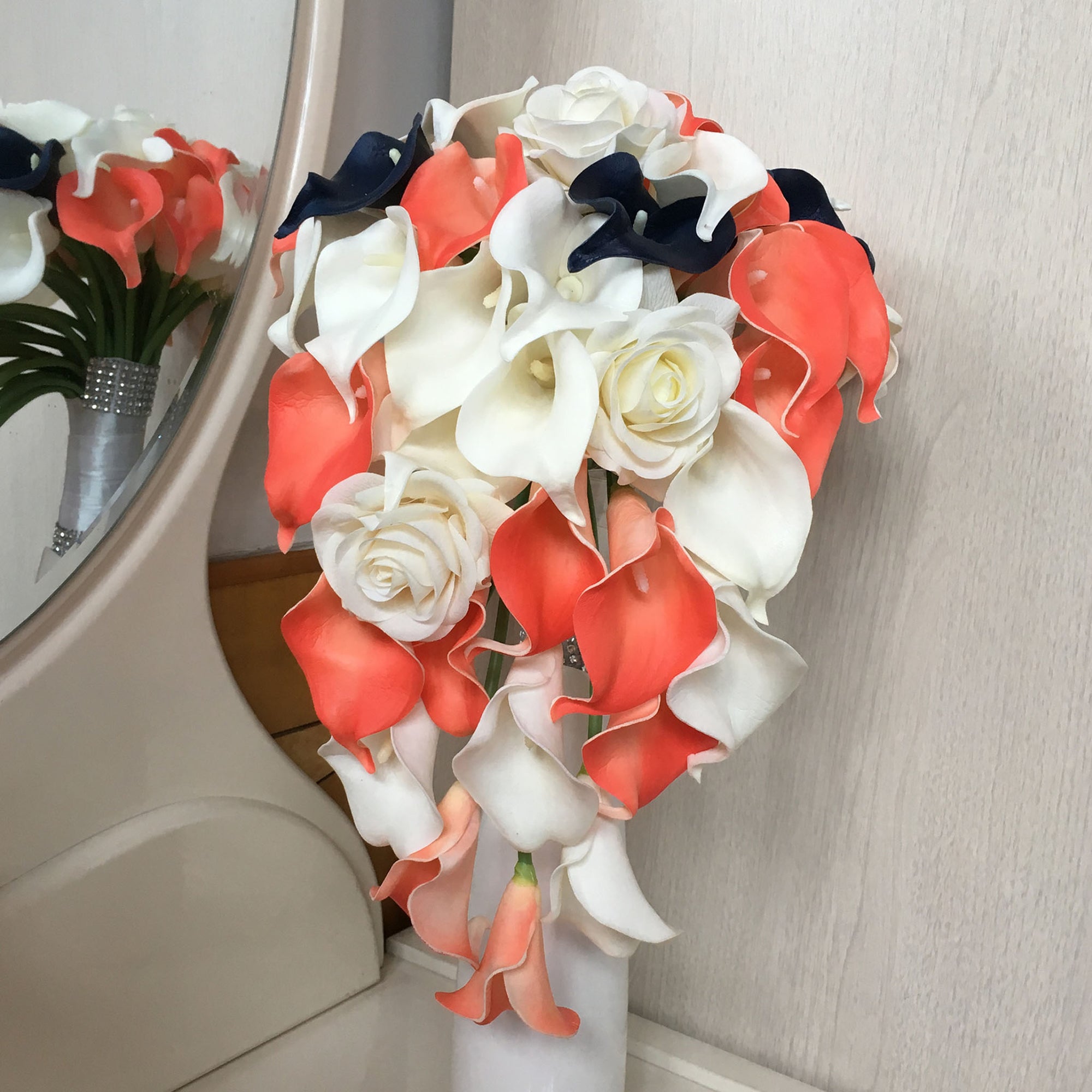 Coral and Navy Wedding Flowers Bridal Bridesmaids Bouquets Corsages
