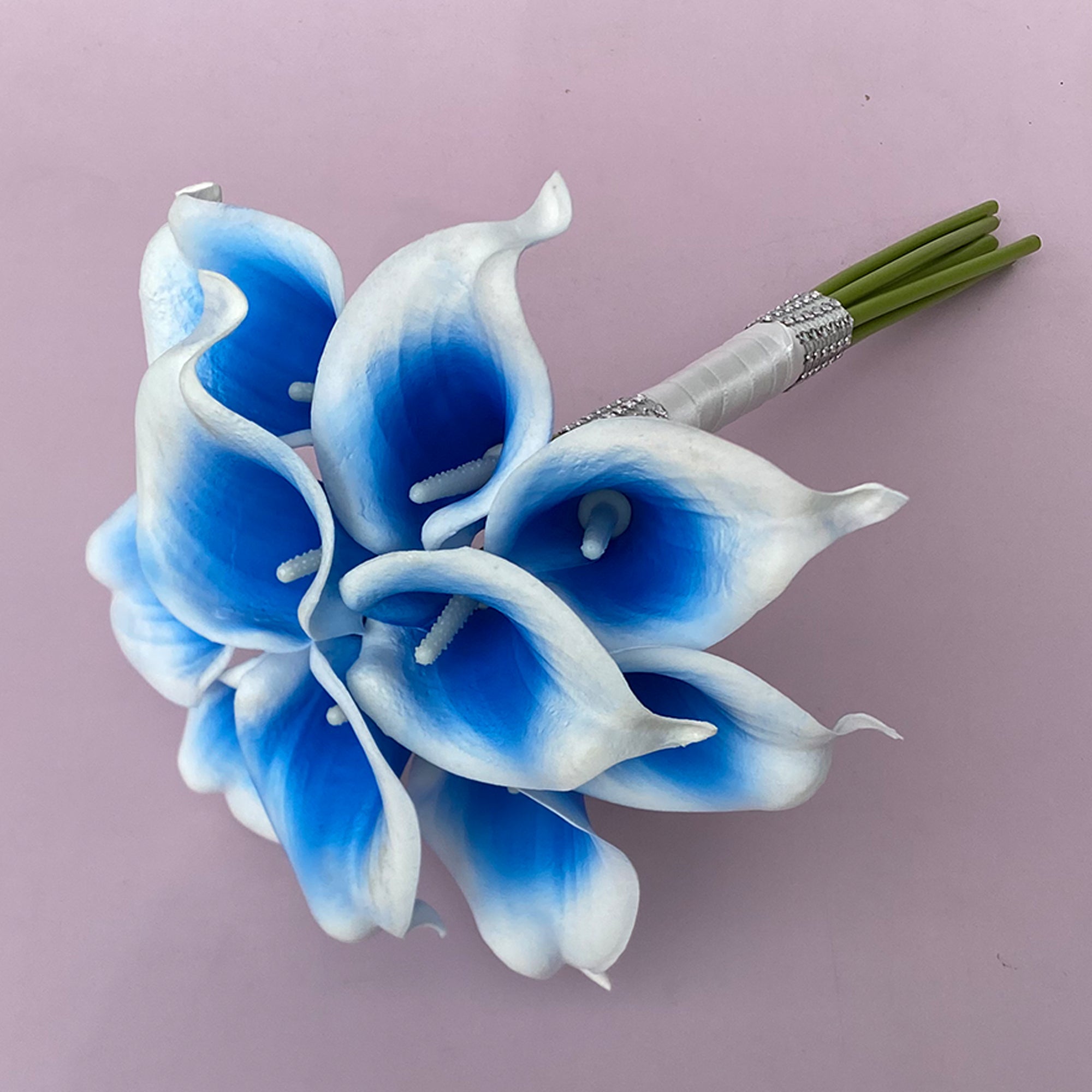 Flower Bouquet for Bridal Bridesmaid Picasso Blue White Calla Lily