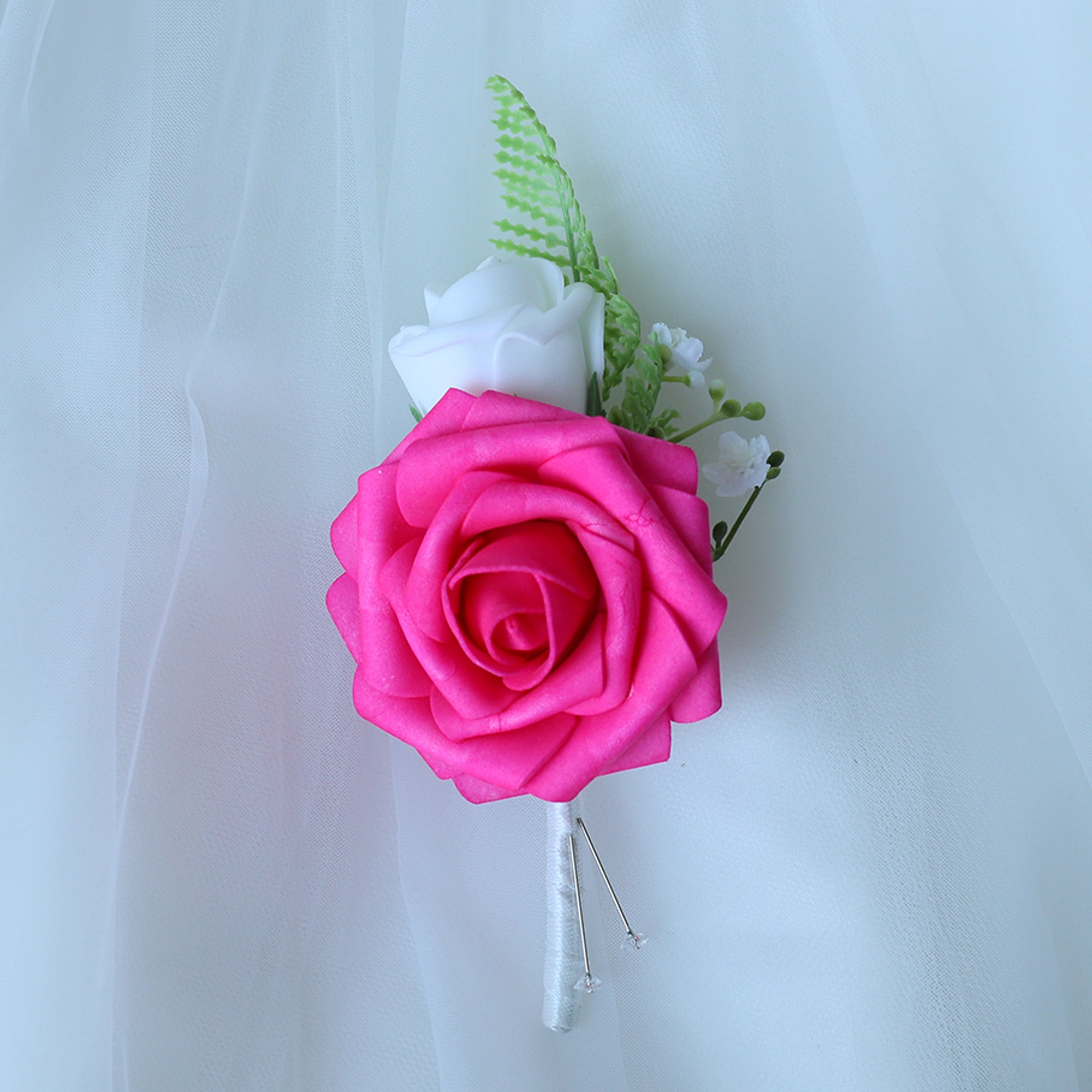Hot Pink White Rose Wedding Bouquet Set