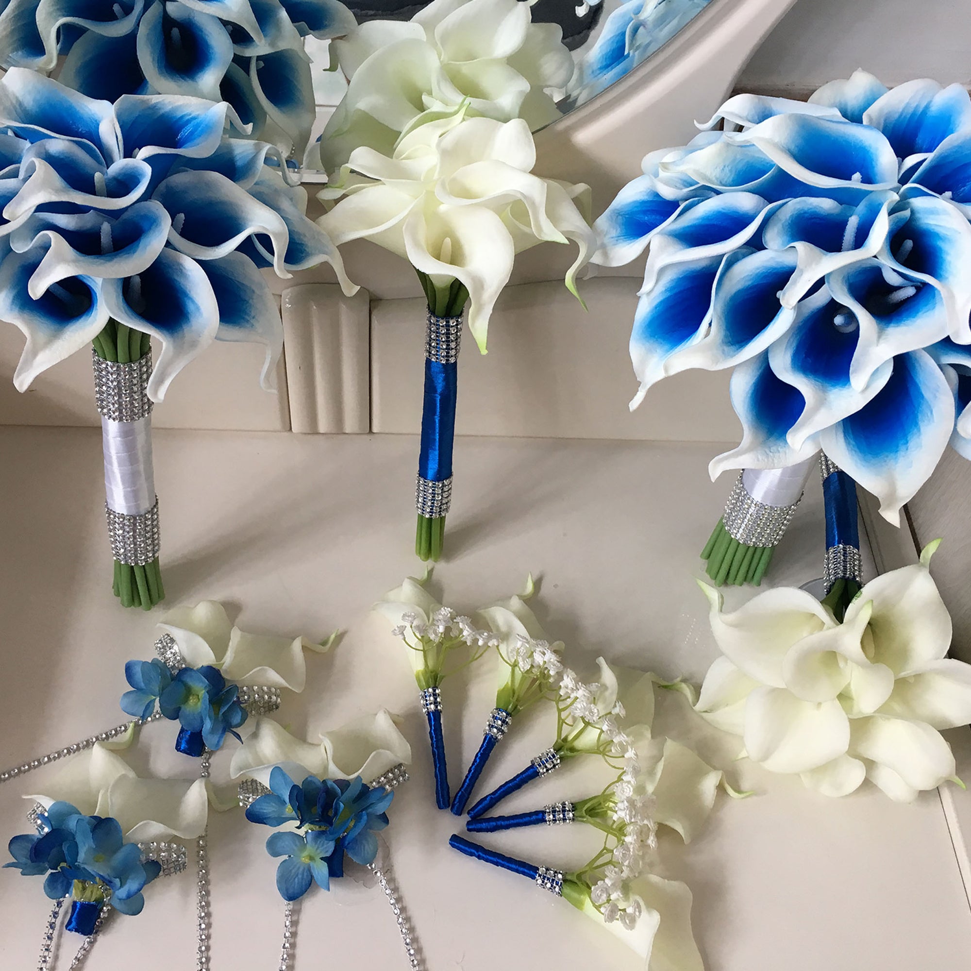Flower Bouquet for Bridal Bridesmaid Picasso Blue White Calla Lily