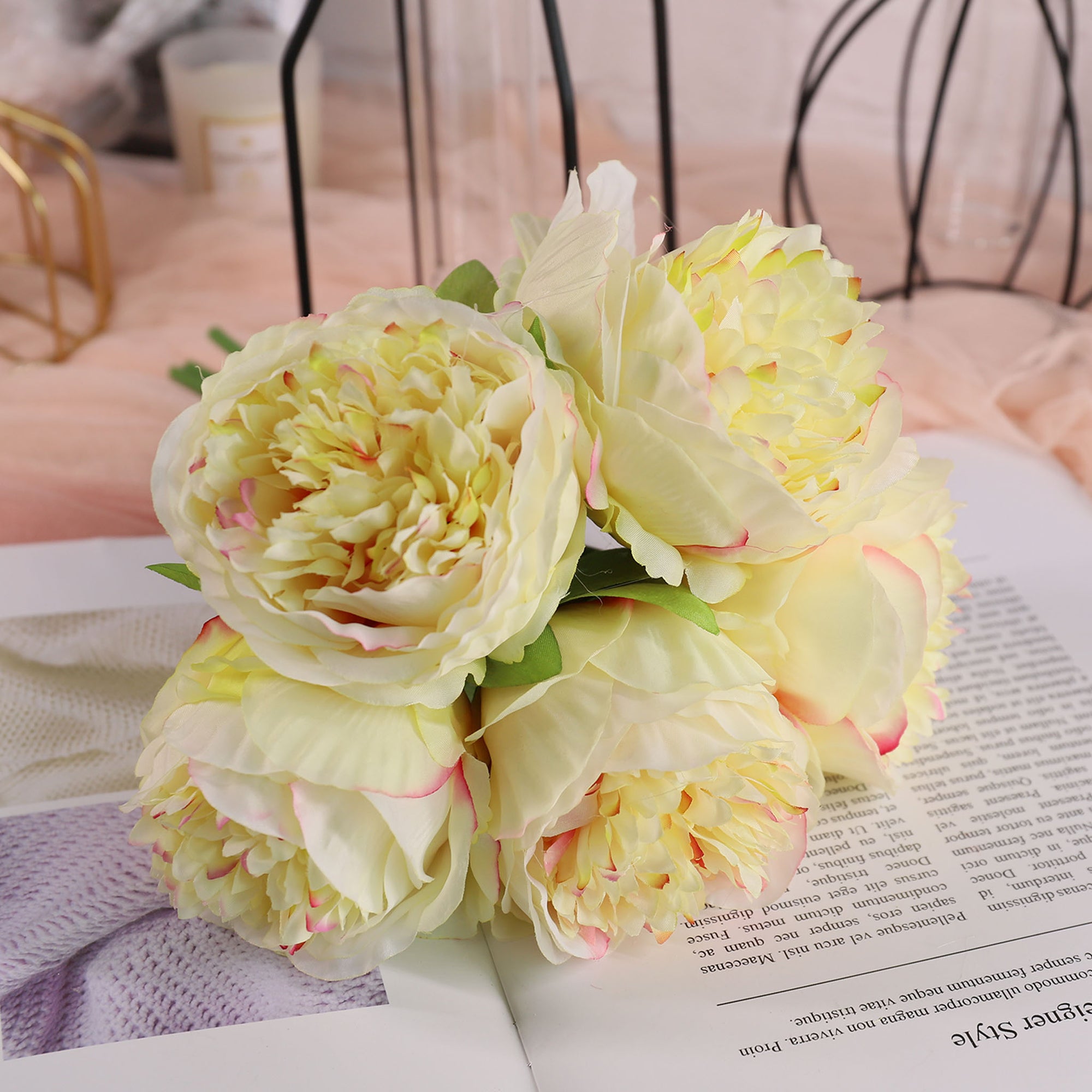 Champagne Silk Peony Bouquet Quality Wedding Flowers 5 Heads Peonies Crafts