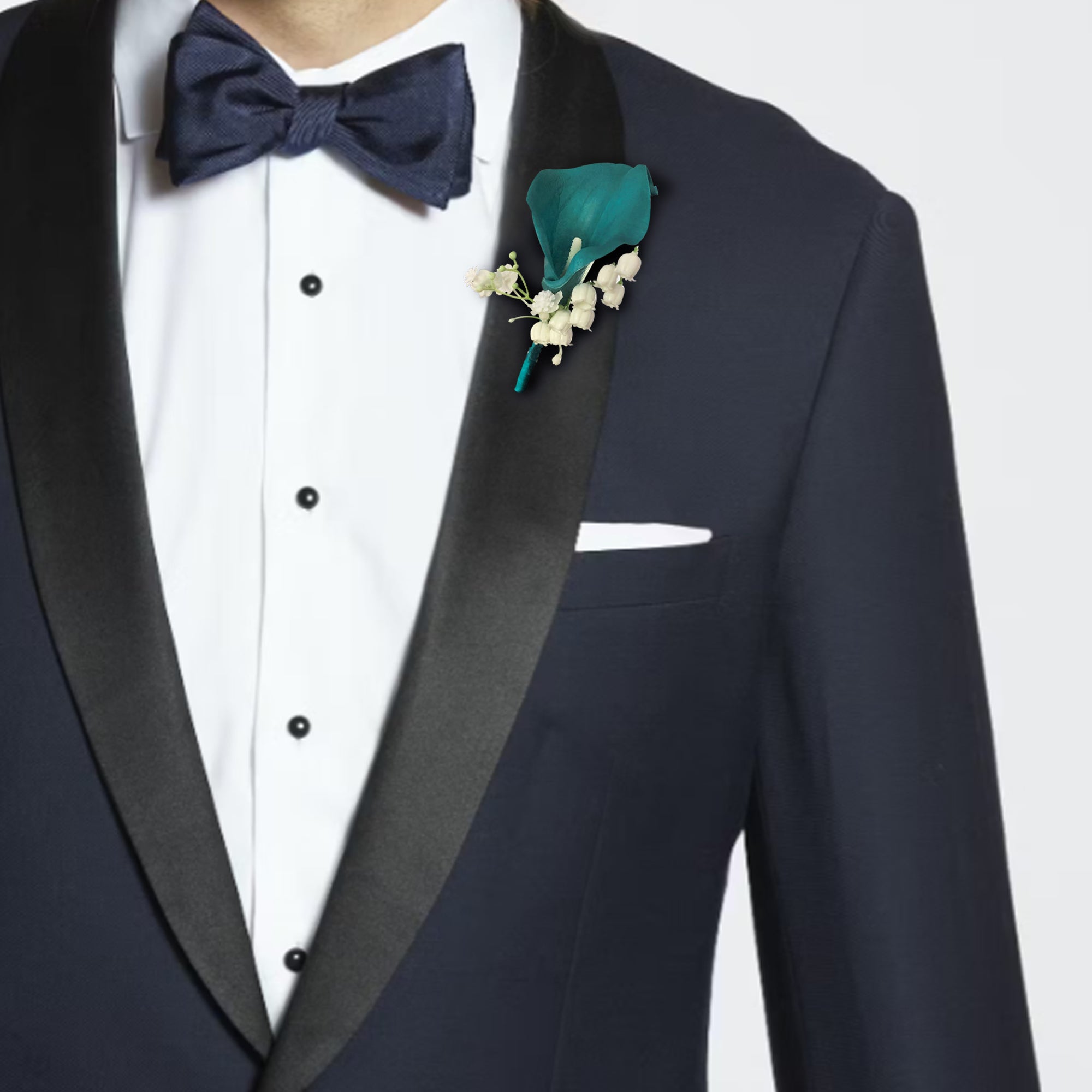 Groom Corsage Teal Calla Lily Boutineer Lily of the Valley