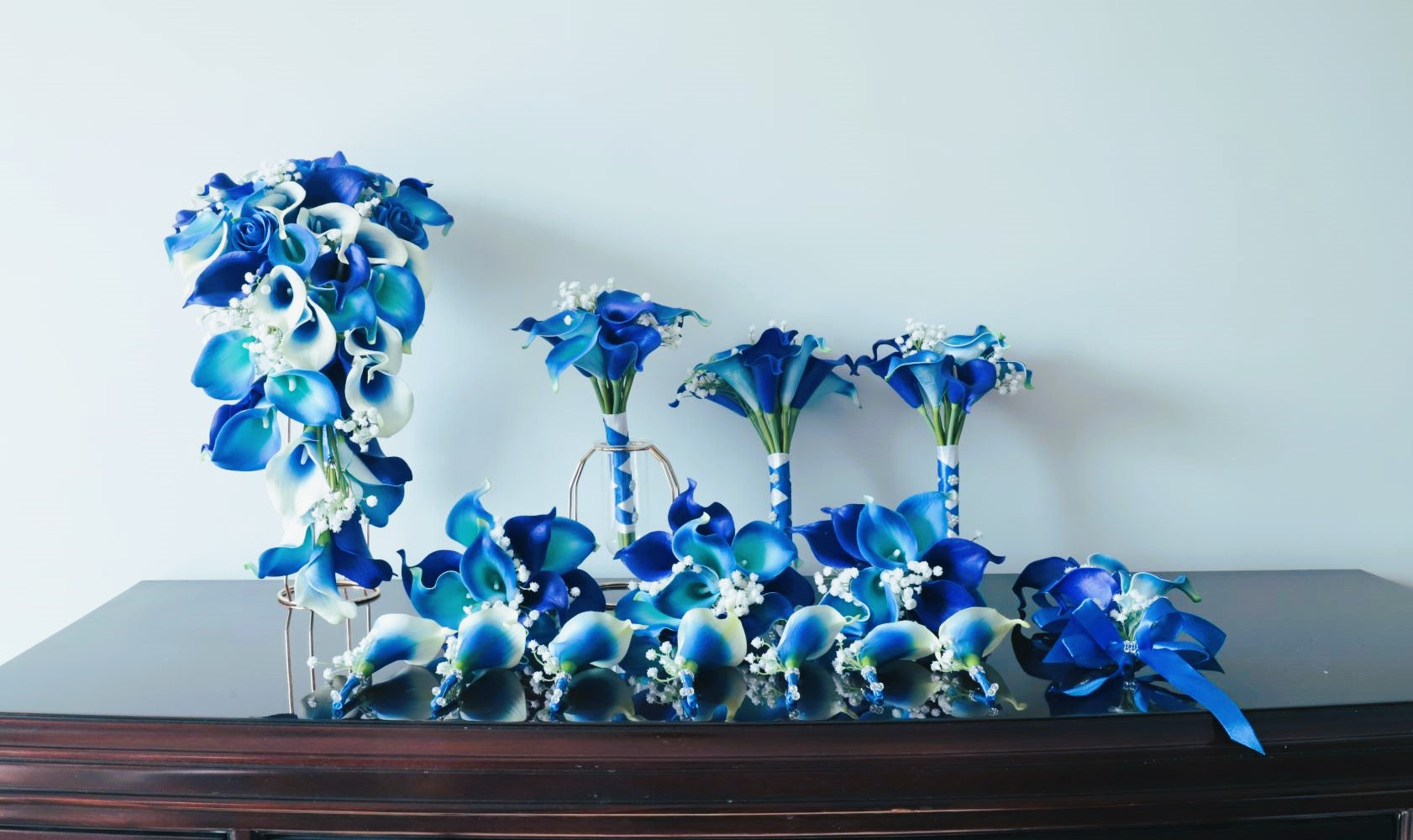 royal blue flower bouquet for bride, bridesmaid