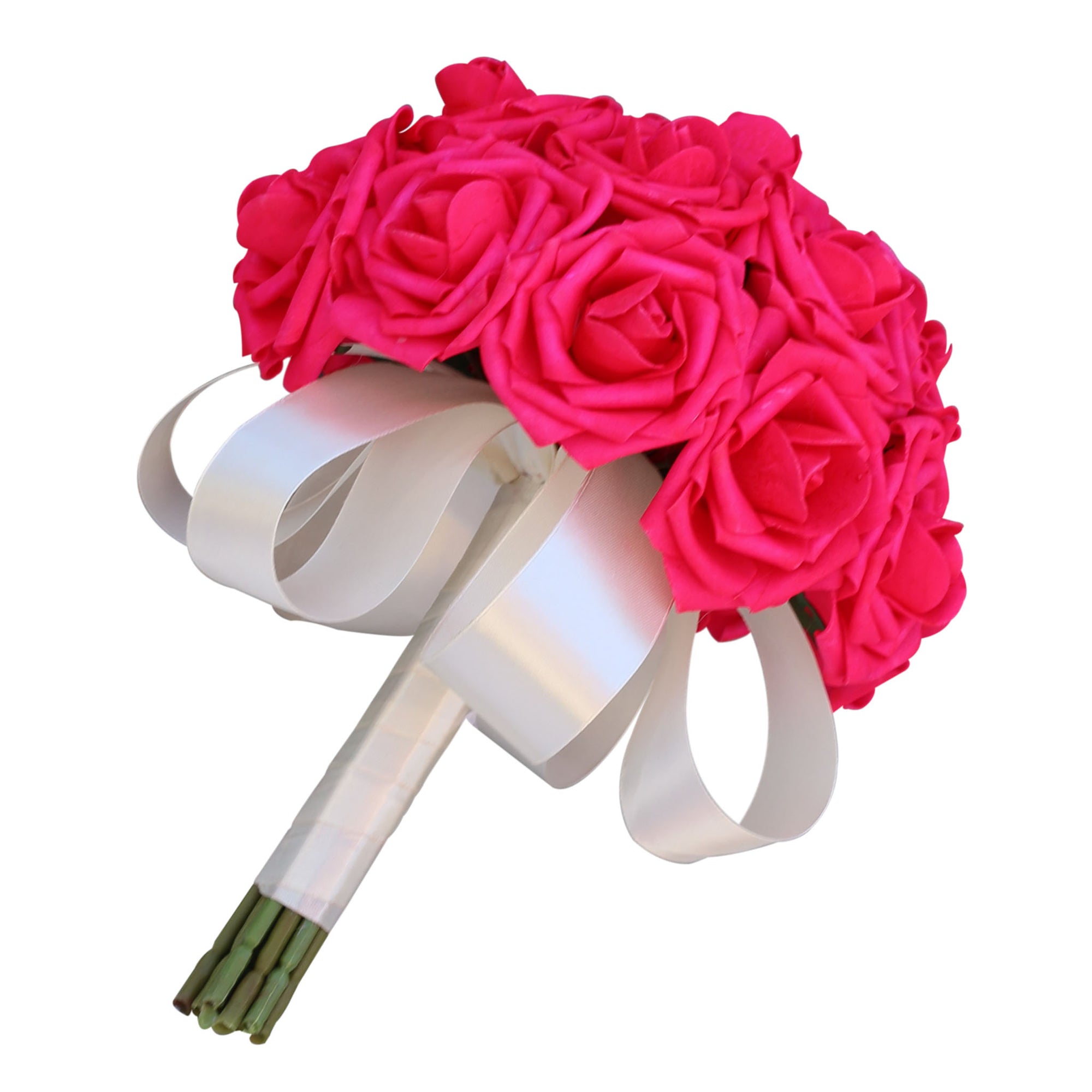 Artificial Bridal Hot Pink Bouquet Ivory Ribbon