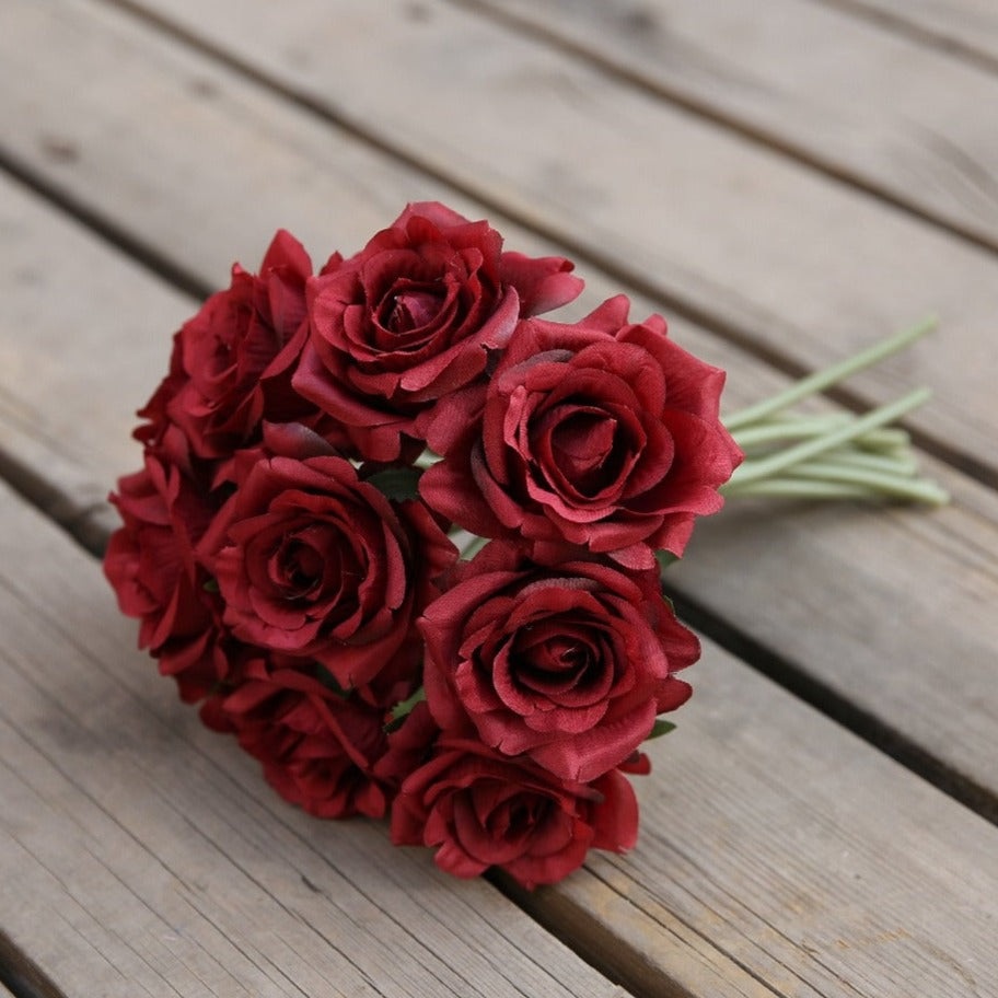 VANRINA Wedding Bouquet Flowers Silk Rose Bouquet for Bridesmaid Dark Red 1