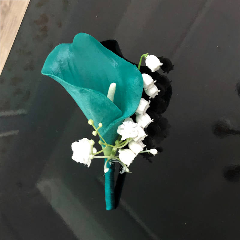 Groom Corsage Teal Calla Lily Boutineer Lily of the Valley