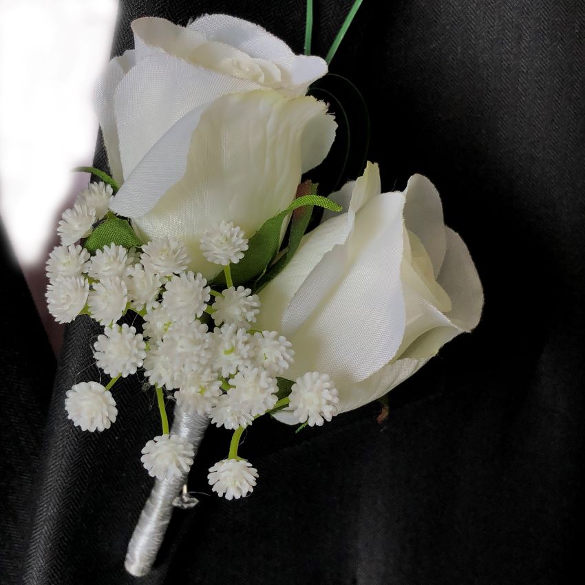 White Boutonniere Fake Rose Boutineer for Groom Best Man