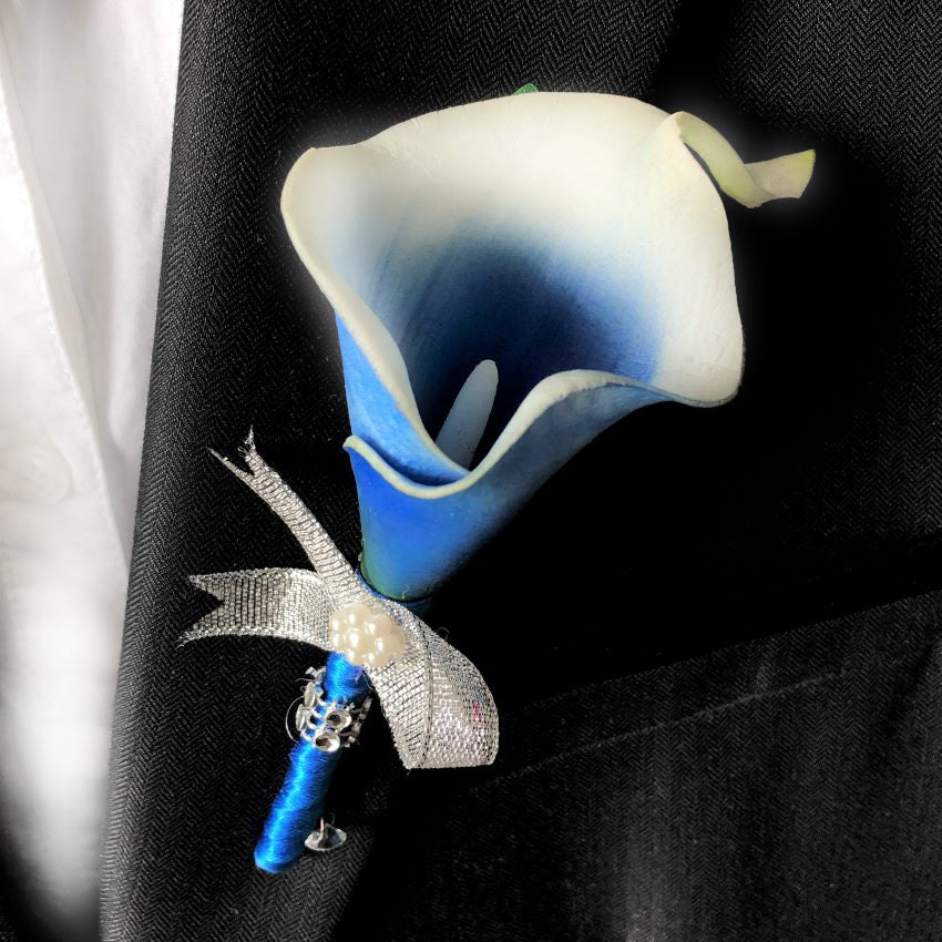 Wedding Best Man Corsage Blue Calla Lily Boutineer