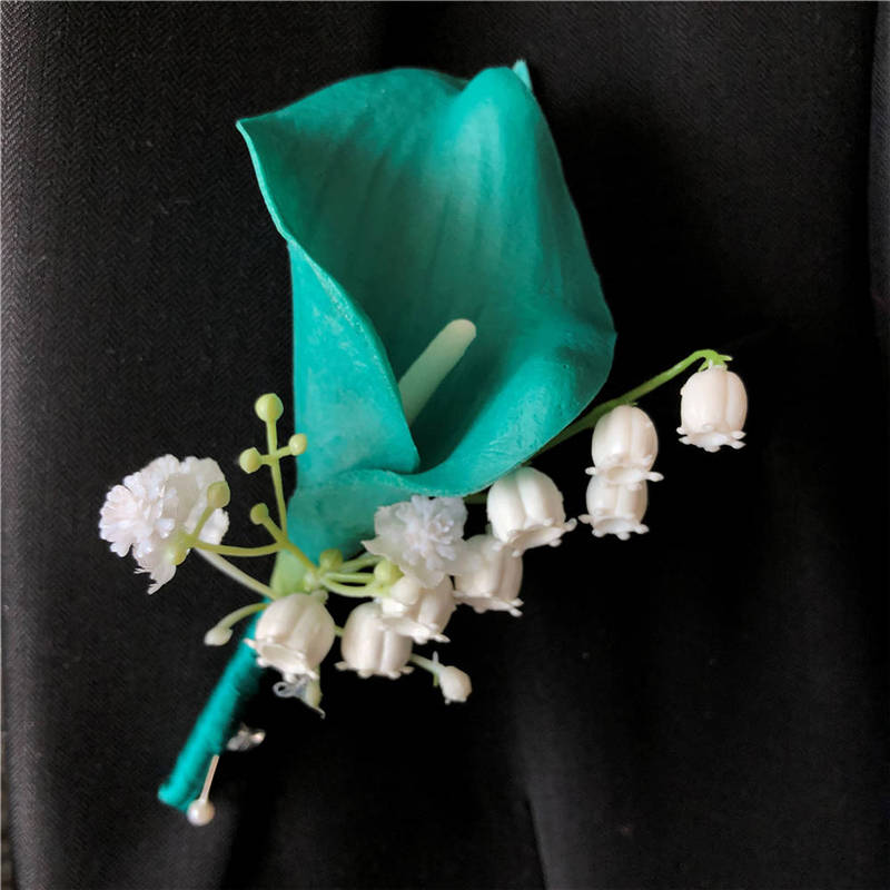Groom Corsage Teal Calla Lily Boutineer Lily of the Valley