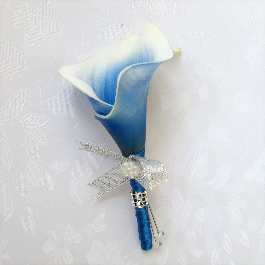 Wedding Best Man Corsage Blue Calla Lily Boutineer