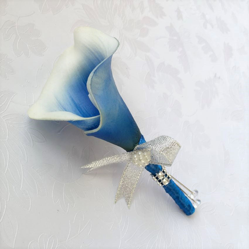 Wedding Best Man Corsage Blue Calla Lily Boutineer