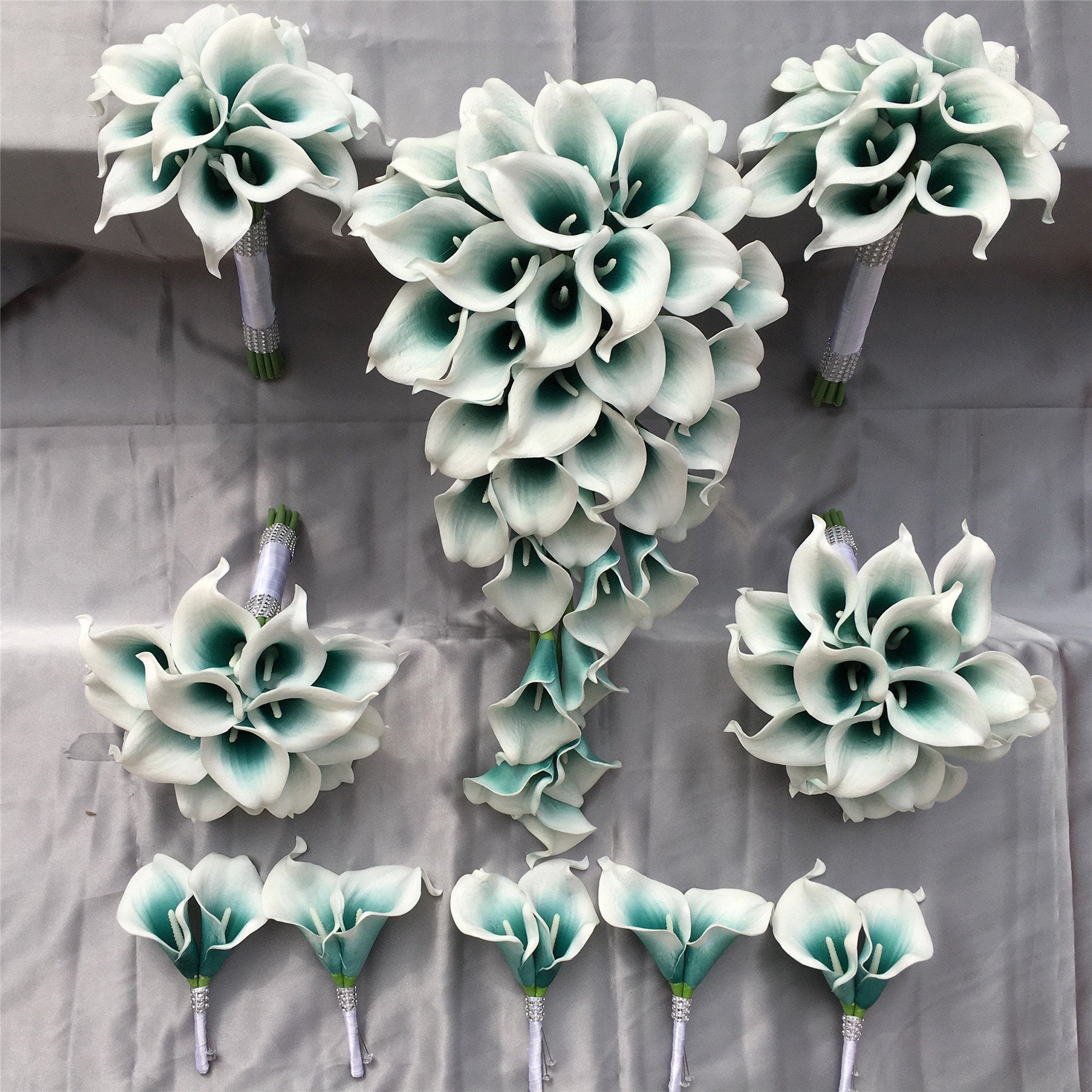 Cascading Bouquet For Bridal Wedding Flower Bouquets Package For Bridesmaids Flower Girl Grooms Boutonnieres Calla Lily Corsages DJ-64