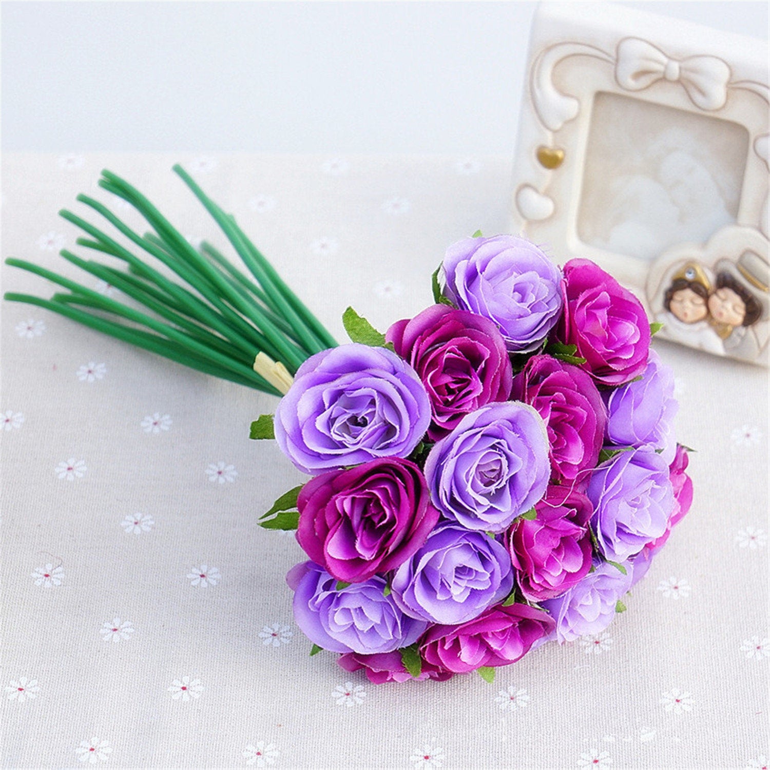Rose Buds Bouquet Artificial Flower Silk Rose Bunch For Bride Bridesmaids 20 Rose Buds Bouquet White Pink Blue Purple Flower Bouquet HZ-20T