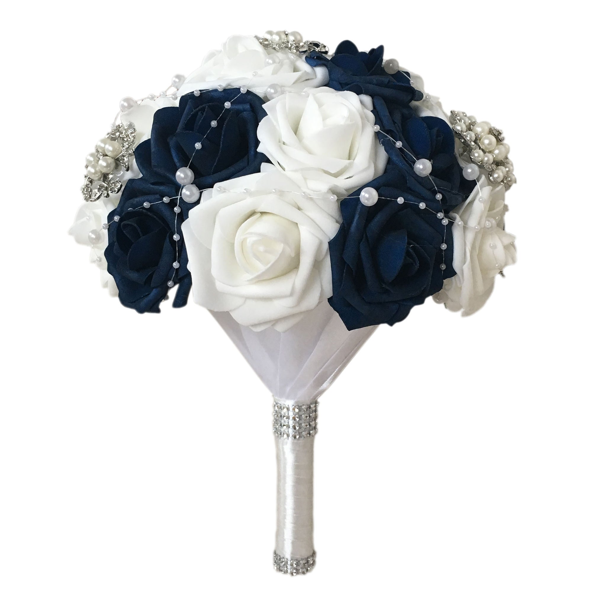 Navy and White Roses Bridal Bouquet Artificial Blue Flower Bouquet