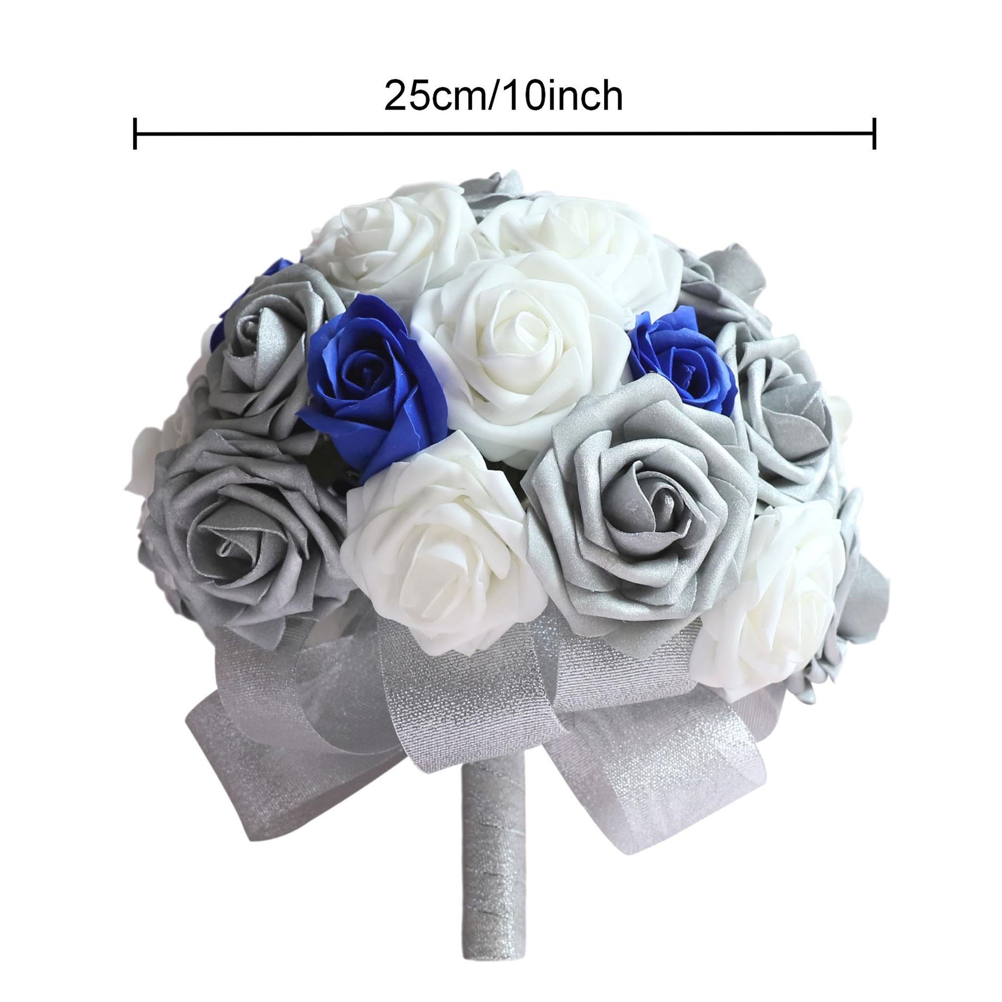 Silver White Artificial Bouquet of Roses Royal Blue Classic Wedding Bouquet