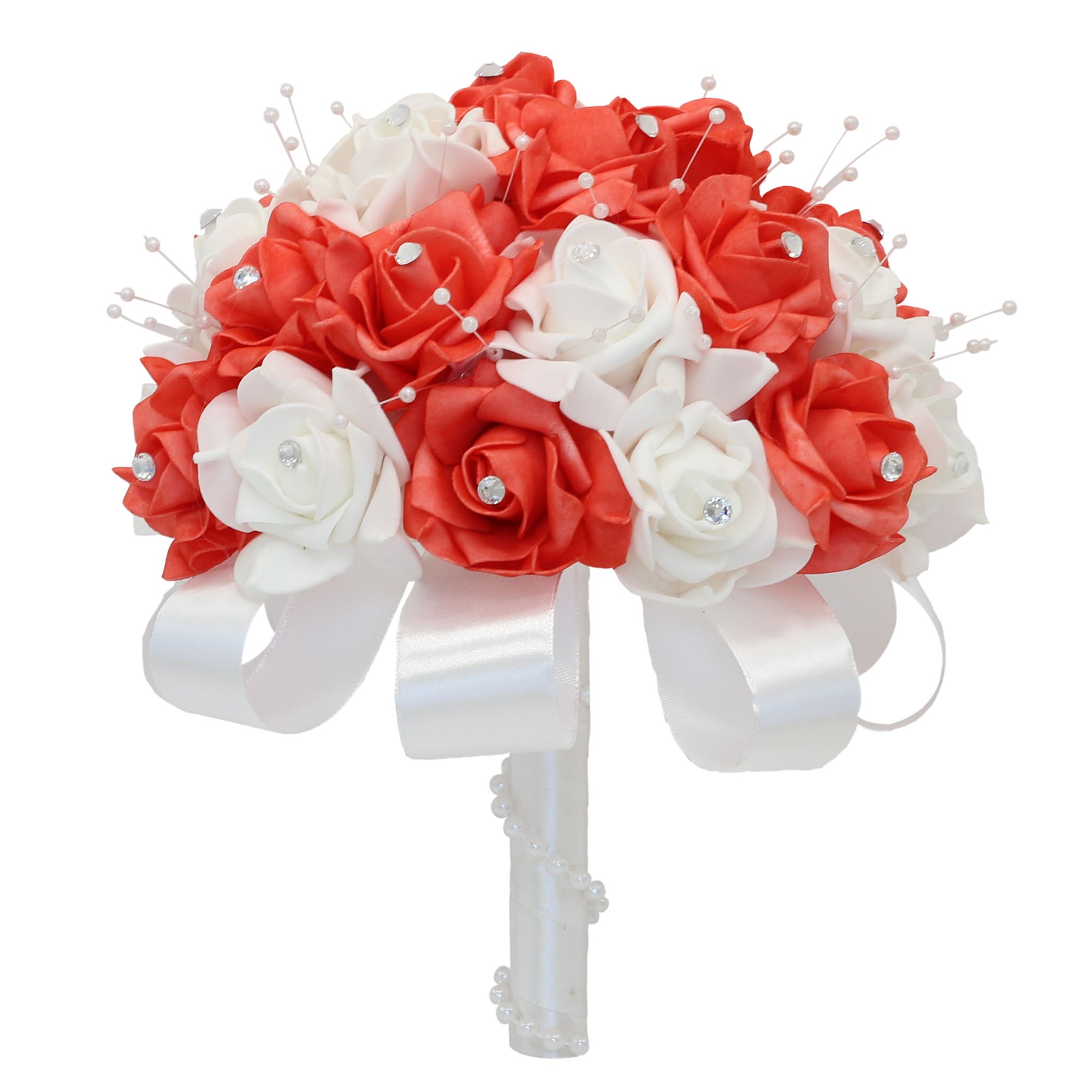 Coral Rose Wedding Bouquet Faux Pearls