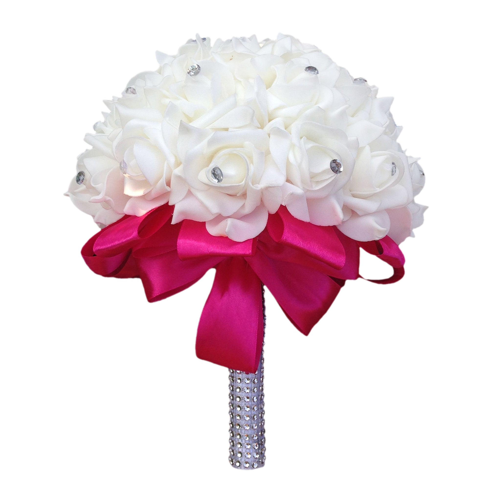 Fuchsia Silk Ribbon White Rose Bouquet For Bridal Bridesmaids
