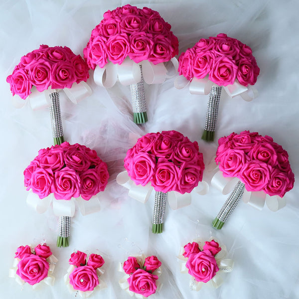 Artificial Wedding Bouquet Bridal Hot Pink Bouquet Ivory Ribbon