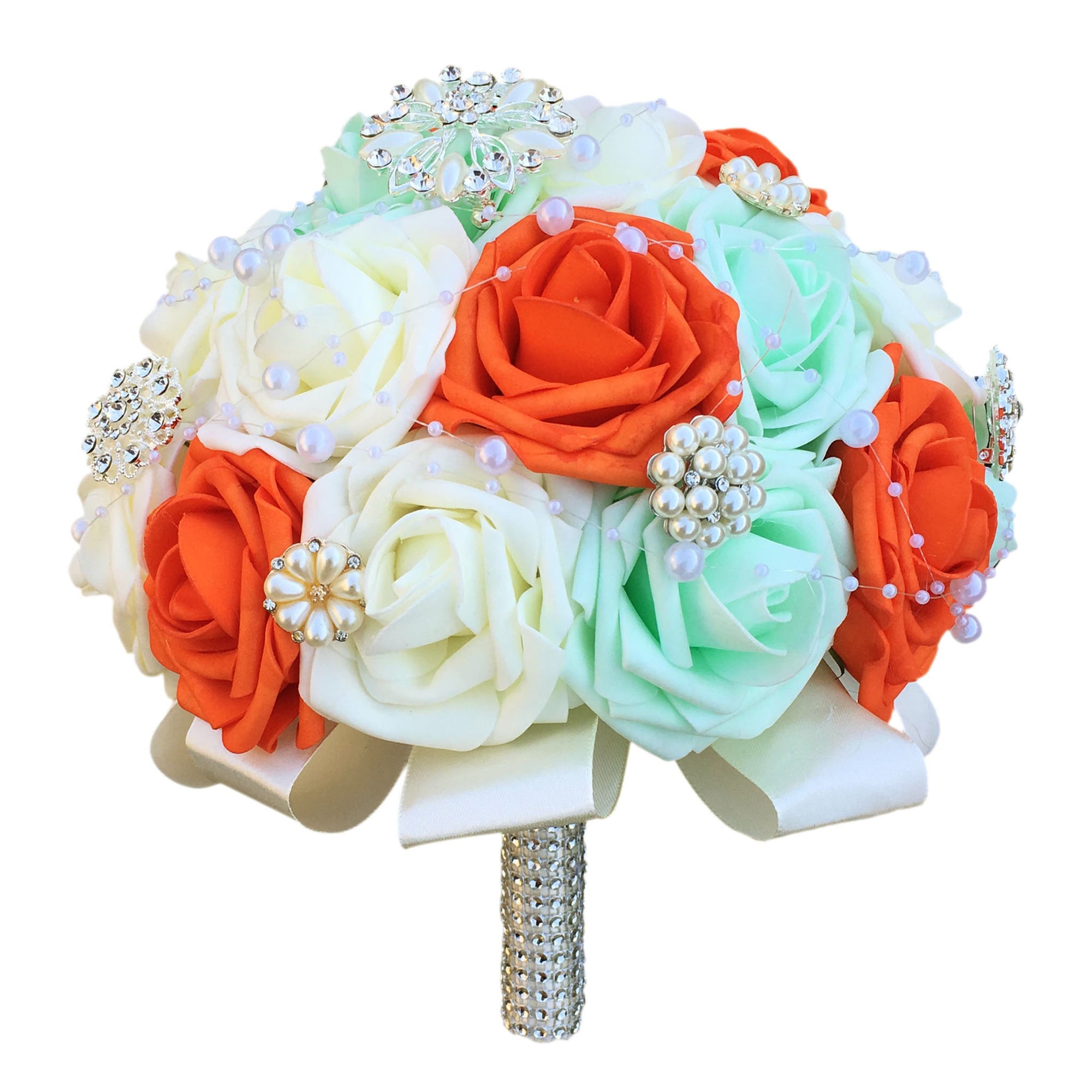 Orange Ivory Mint Bridal Wedding Bouquet 10 inch