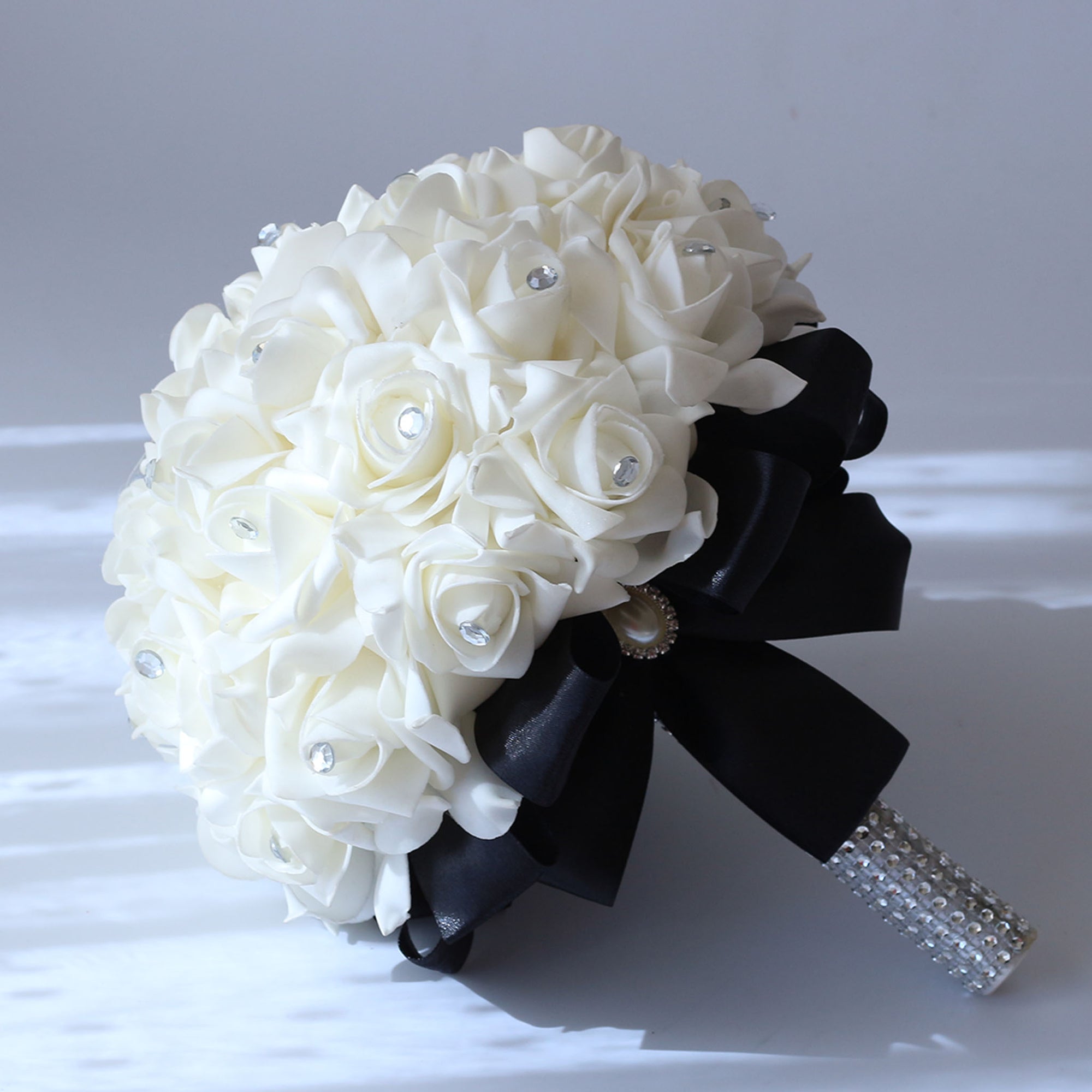 Black Silver White Rose Bridal Wedding Bouquet Accessories 