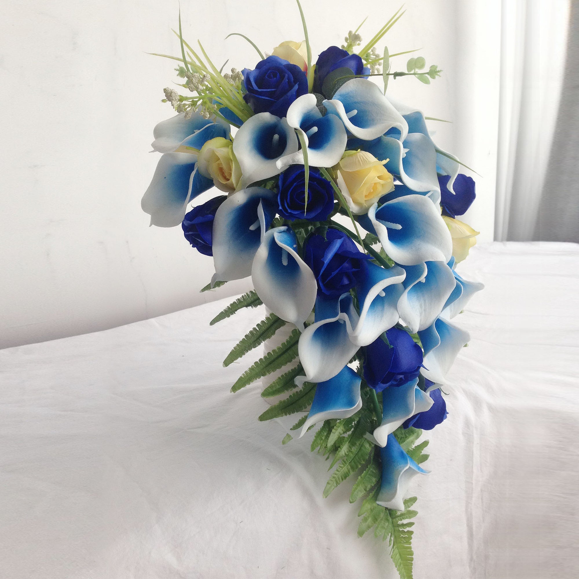 Royal Blue Calla Lily and Rose Cascade Wedding Bouquet