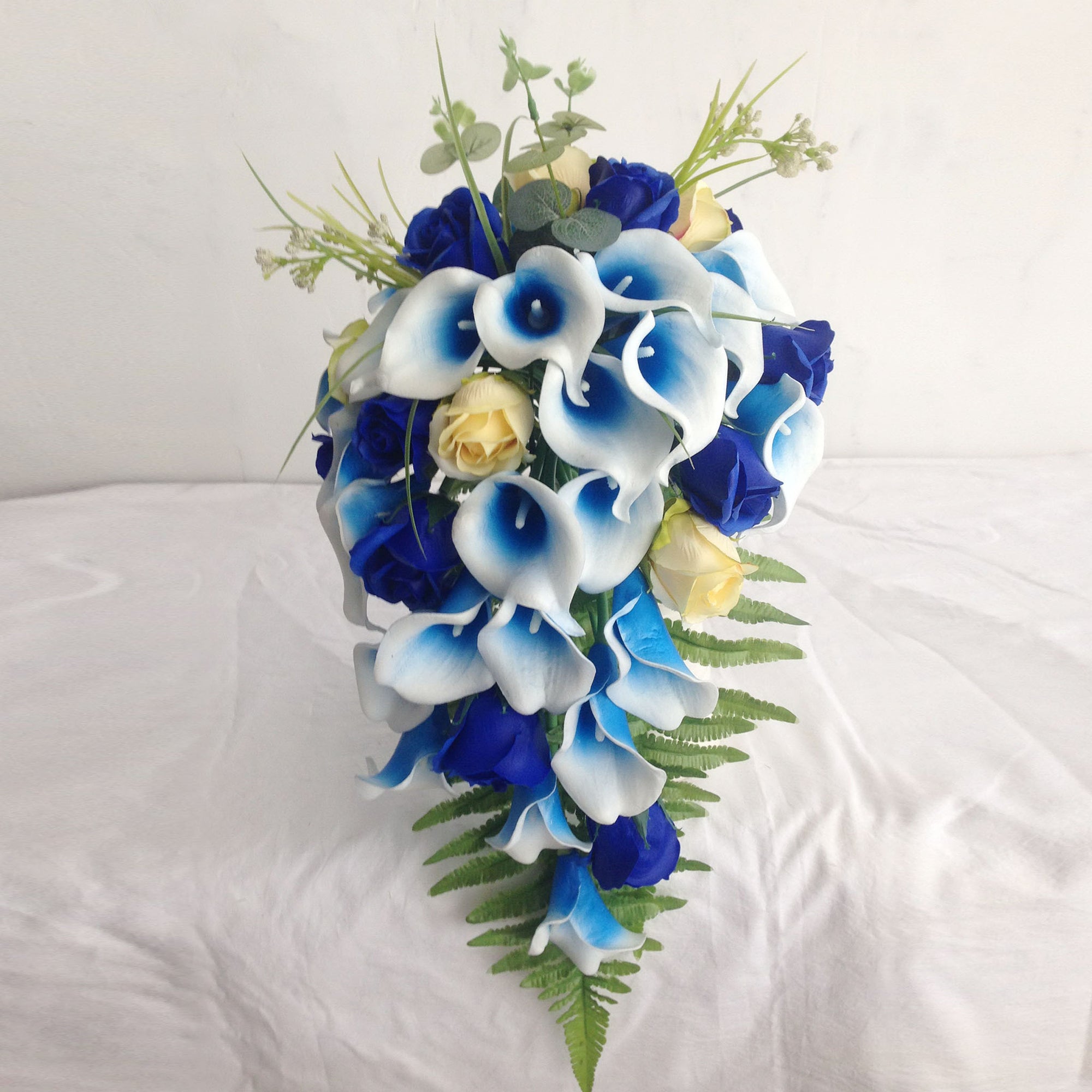 Royal Blue Calla Lily and Rose Cascade Wedding Bouquet