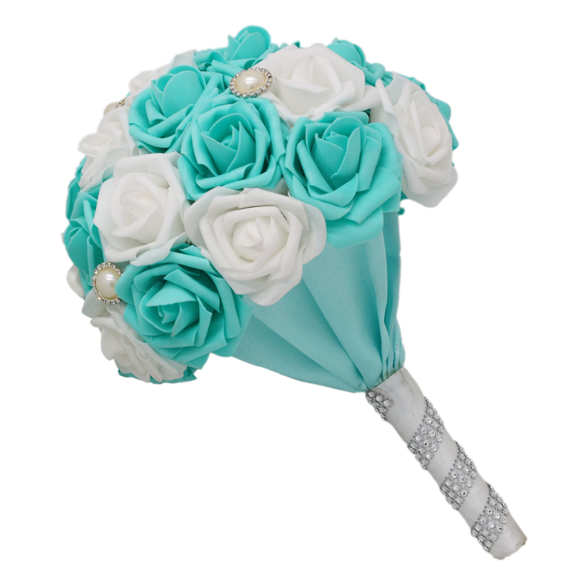 Bridal Flower Bouquet Teal and White Roses Artificial Bouquet