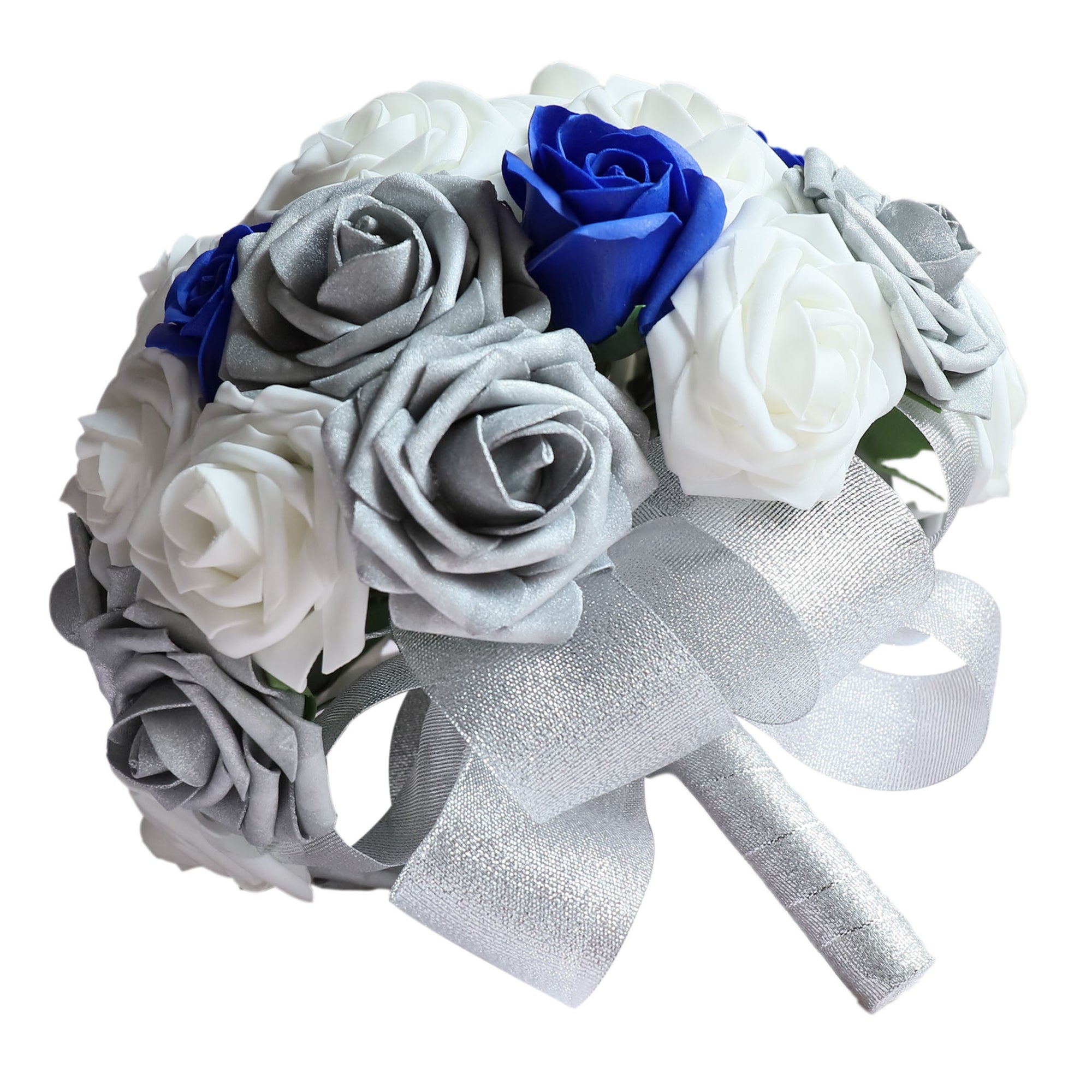 Silver White Artificial Bouquet of Roses Royal Blue Classic Wedding Bouquet