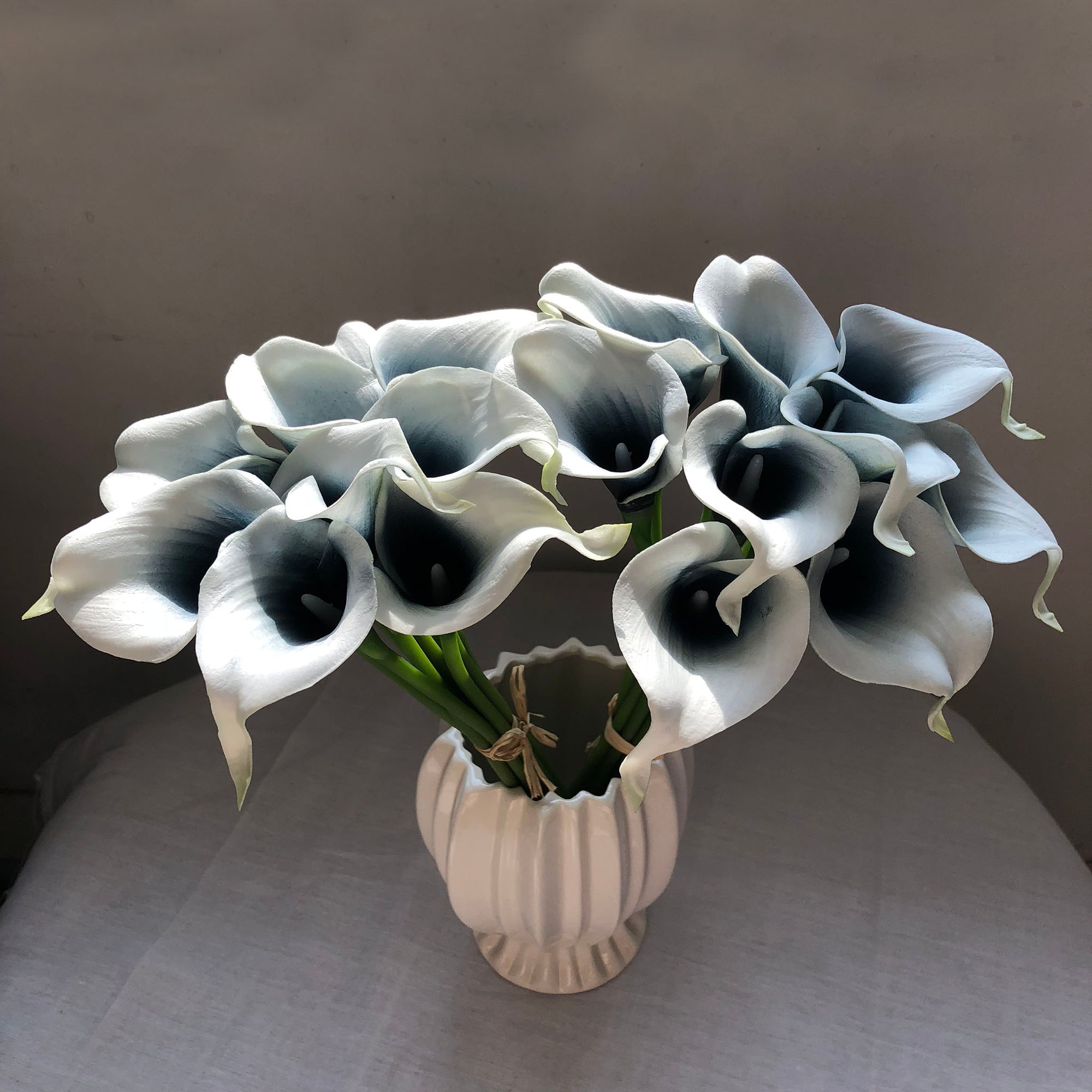 navy blue and white calla lily Picasso Navy Blue Calla Lily Bouquet Faux Calla Lilies