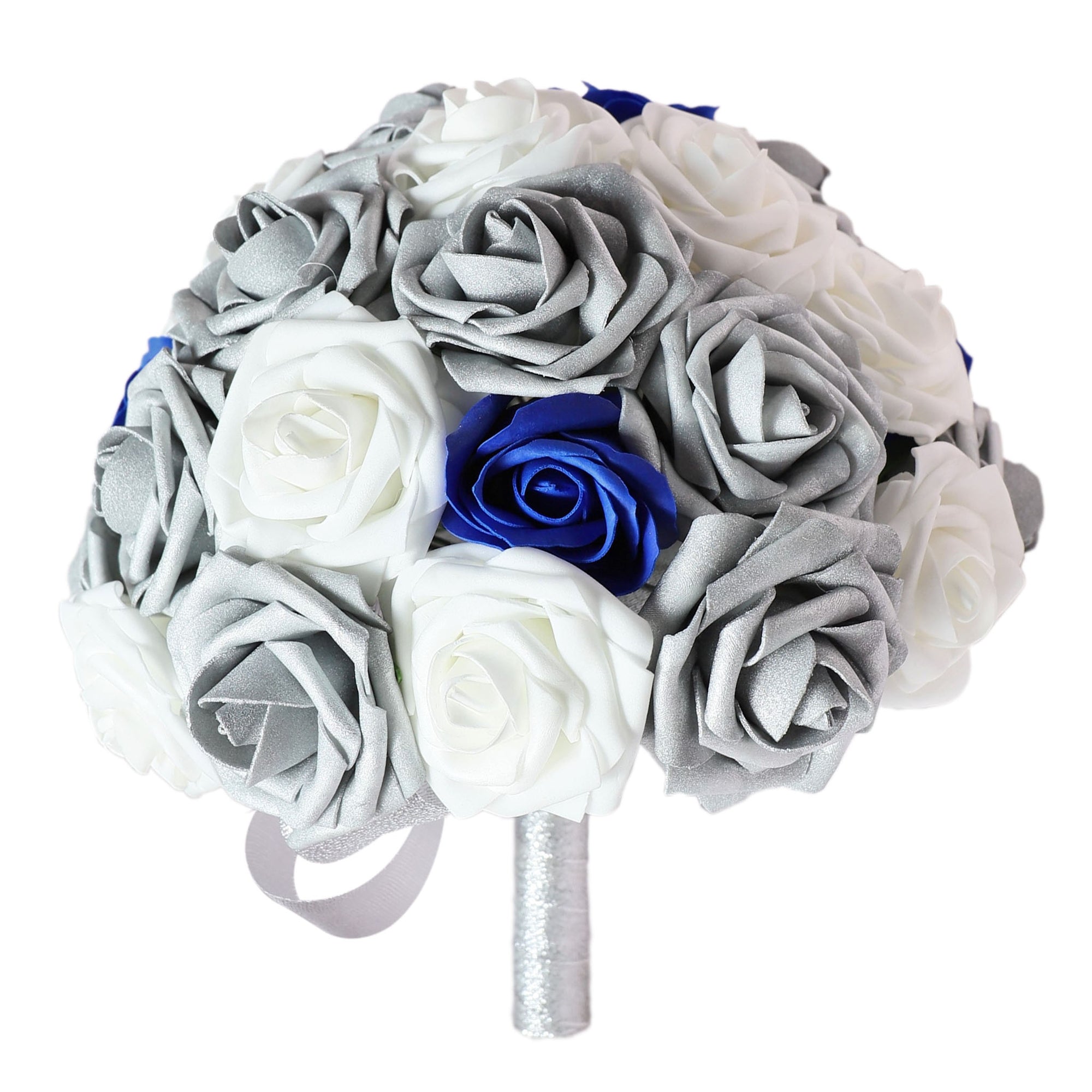 Silver White Artificial Bouquet of Roses Royal Blue Classic Wedding Bouquet