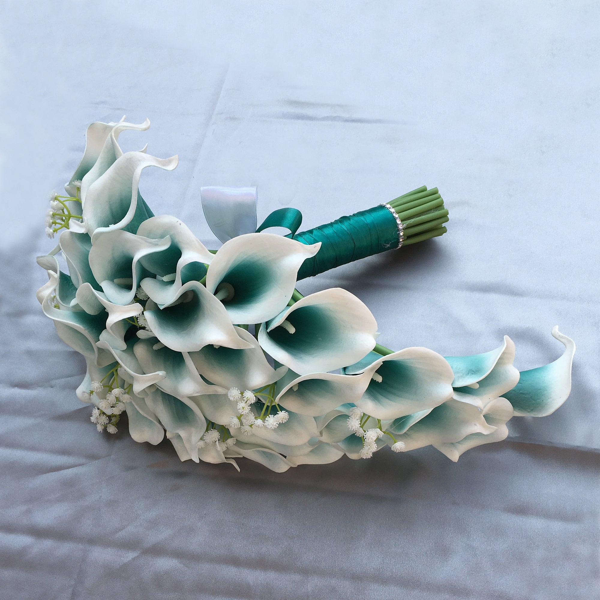 Fake Wedding Bouquet Cascade Picasso Teal Calla Lily