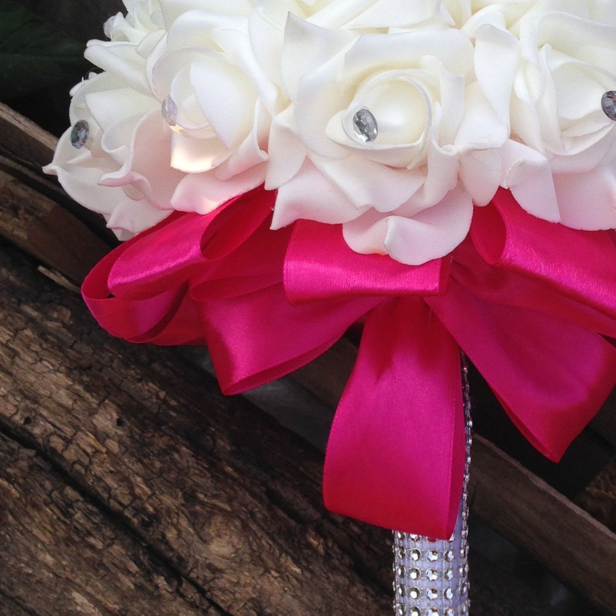 Fuchsia Silk Ribbon White Rose Bouquet For Bridal Bridesmaids