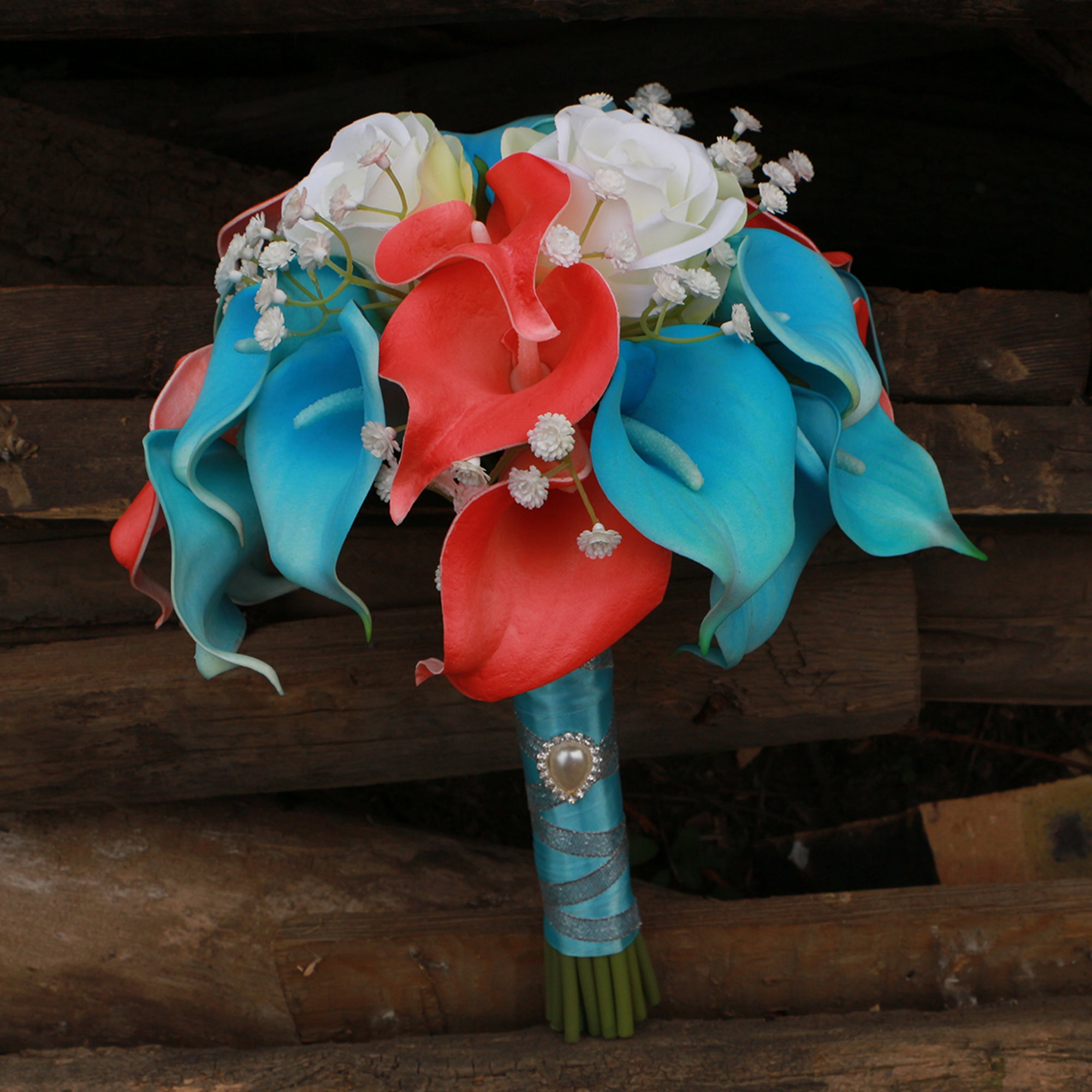 Turquoise and Coral Calla Lily Bouquet for Bridal Wedding Flowers