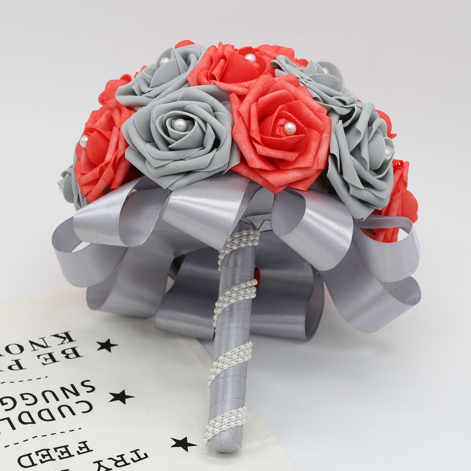Coral Gray Bridal Bouquet Fake Flowers For Wedding Anniversary Bouquet