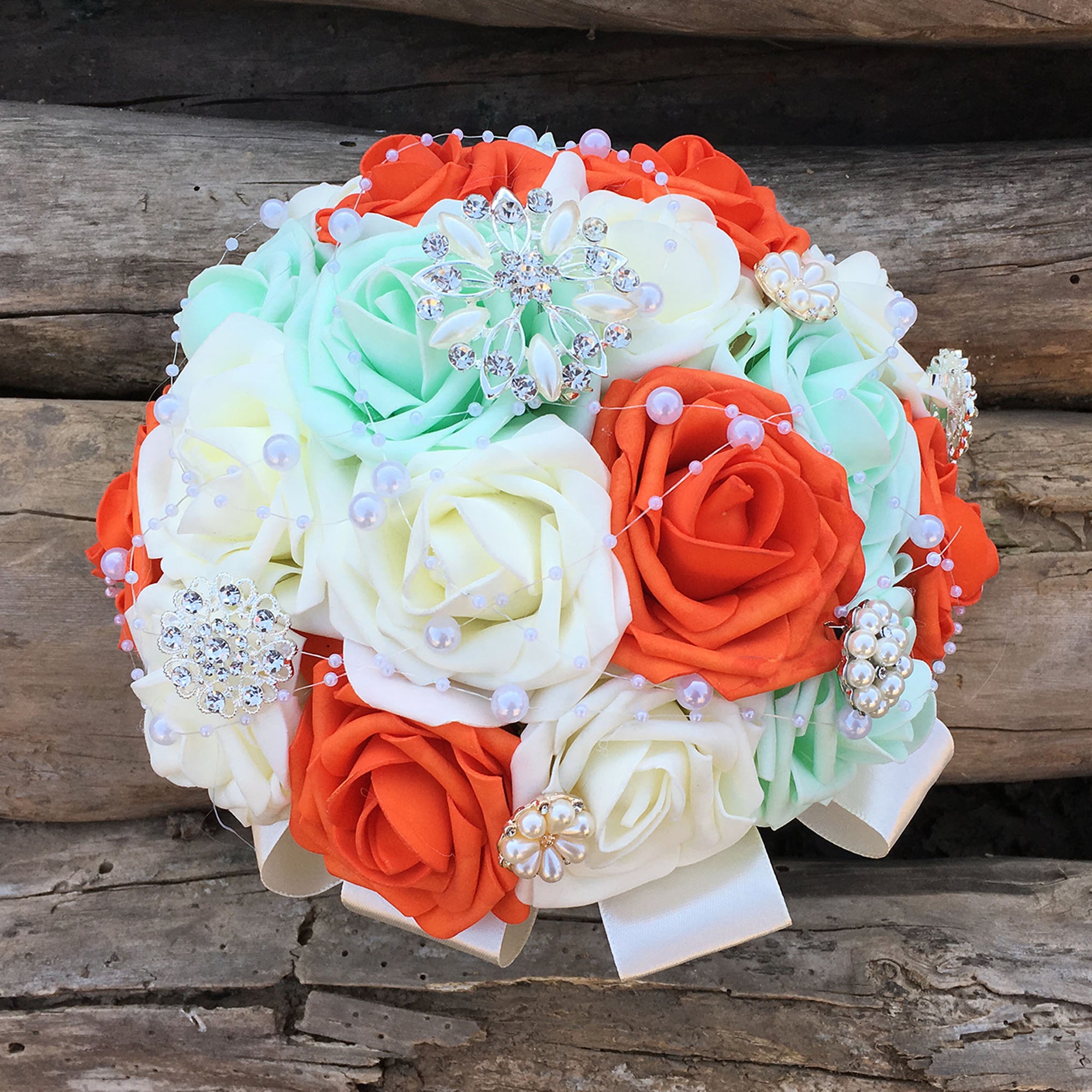 Coral Mint Ivory Bridal Bouquet Artificial Wedding Flowers