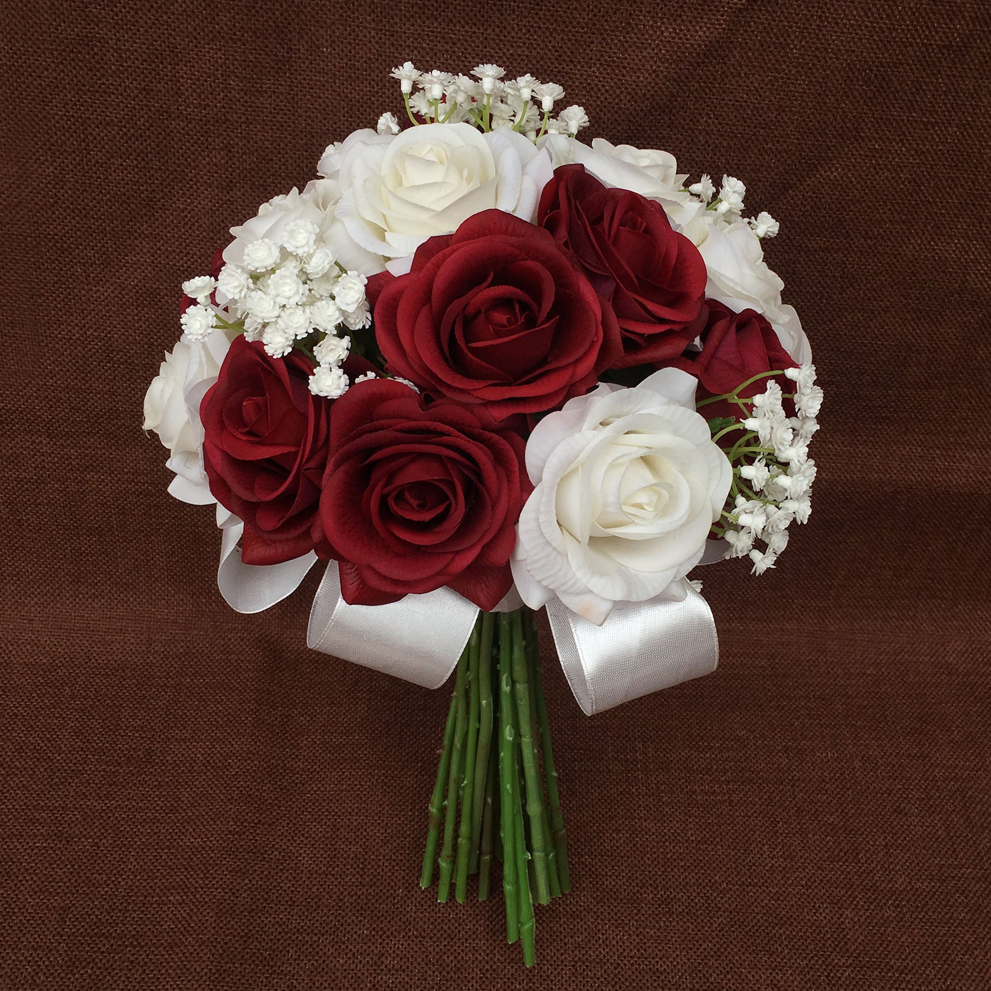 Burgundy and White Bouquet Real Touch Rose Wedding Bouquet