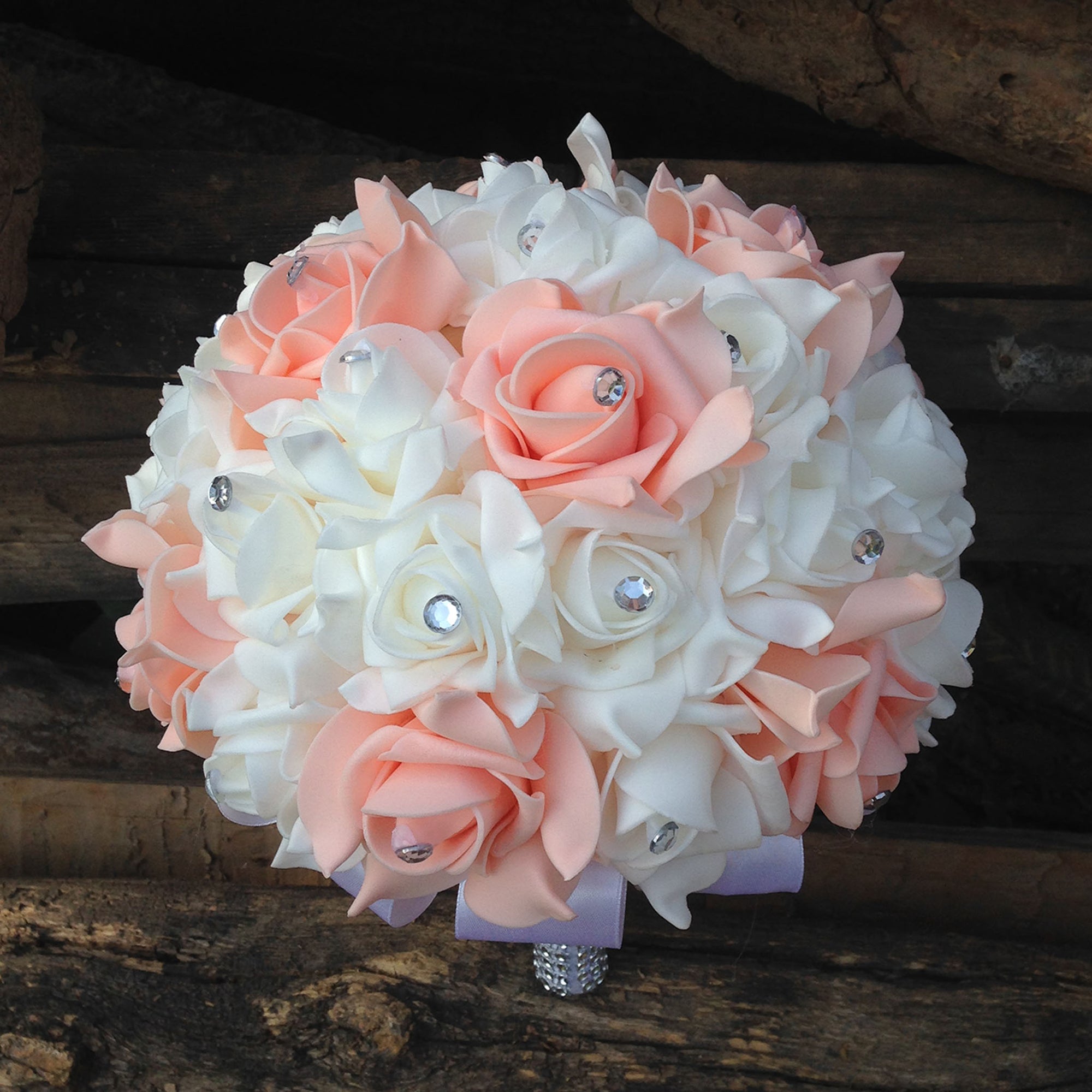 Peach White Wedding Bouquet for Bride Artificial Flowers Crystals